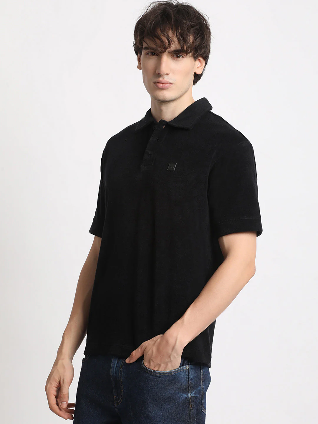 Men  Black Solid Relaxed Fit Polo T-shirt - Image 3