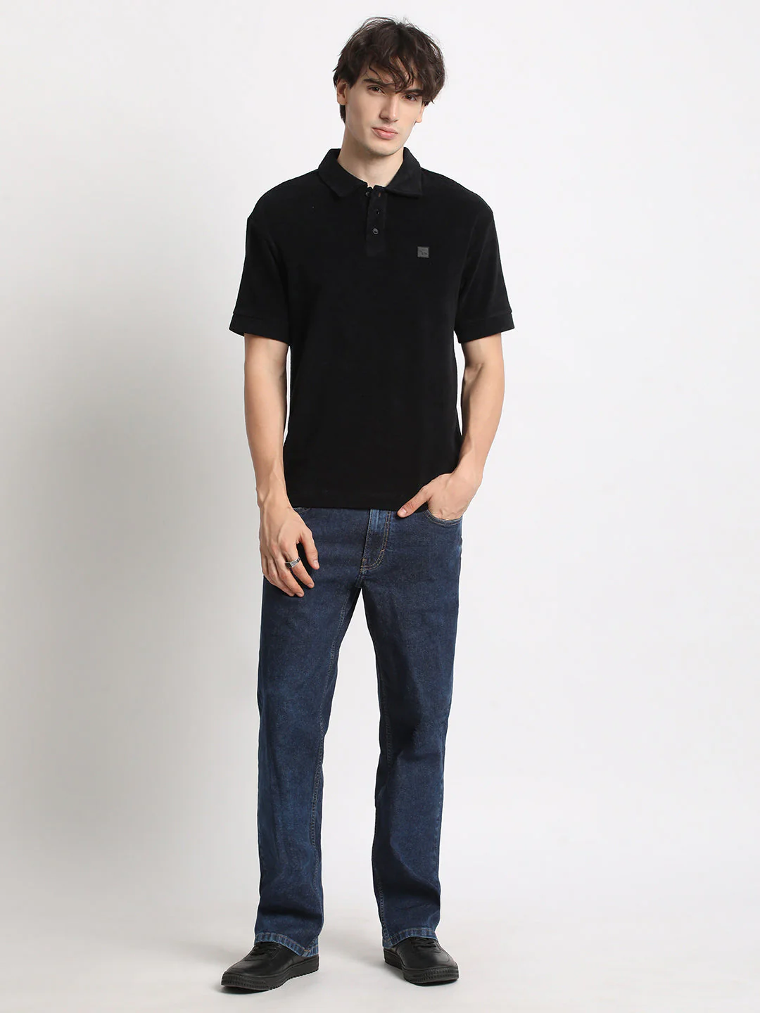 Men  Black Solid Relaxed Fit Polo T-shirt - Image 5