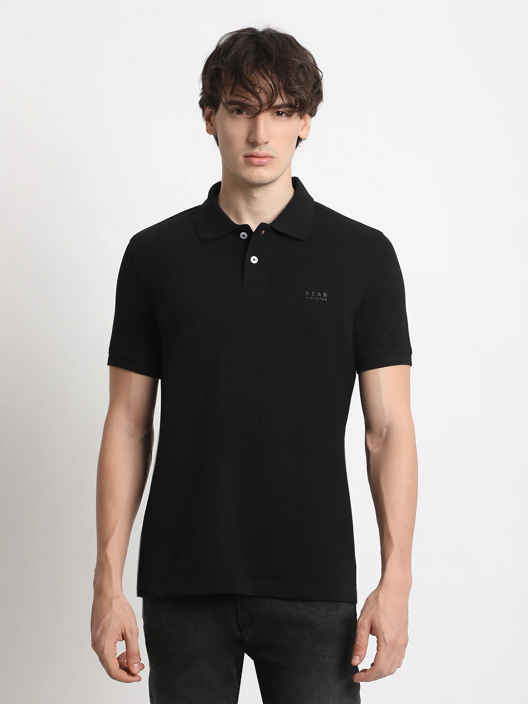 Men Black Solid Slim Fit Polo Collar T-shirt - Image 2