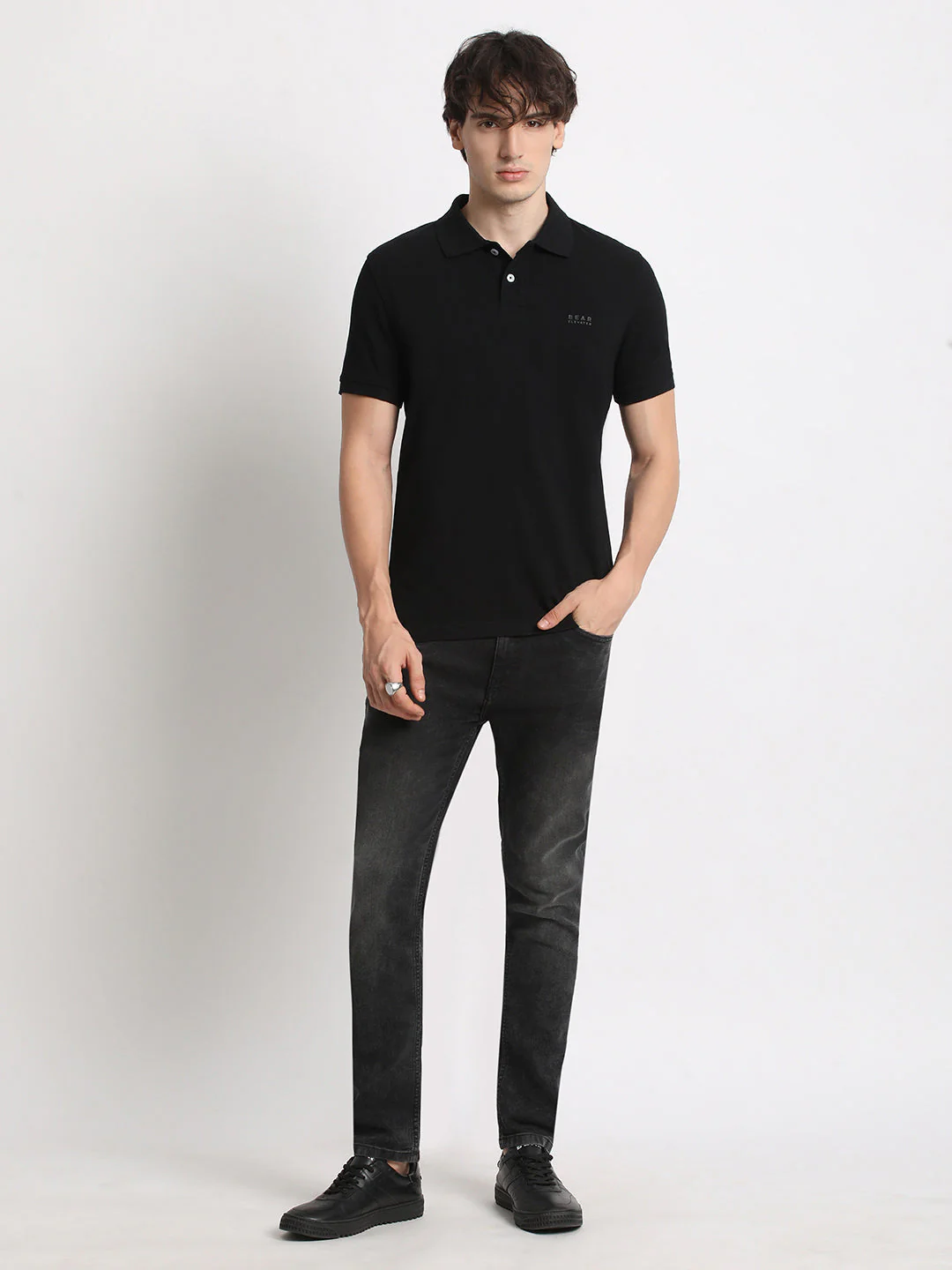 Men Black Solid Slim Fit Polo Collar T-shirt - Image 5