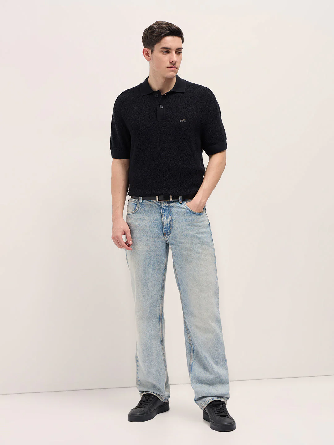 Men Black Solid Texture Knit Design Regular Fit Polo - Image 4