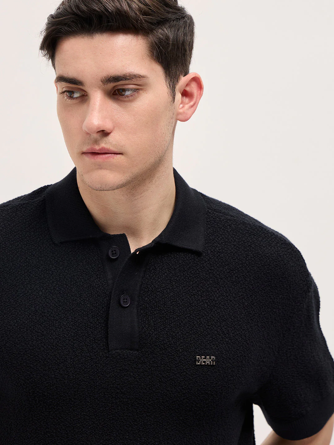 Men Black Solid Texture Knit Design Regular Fit Polo - Image 5