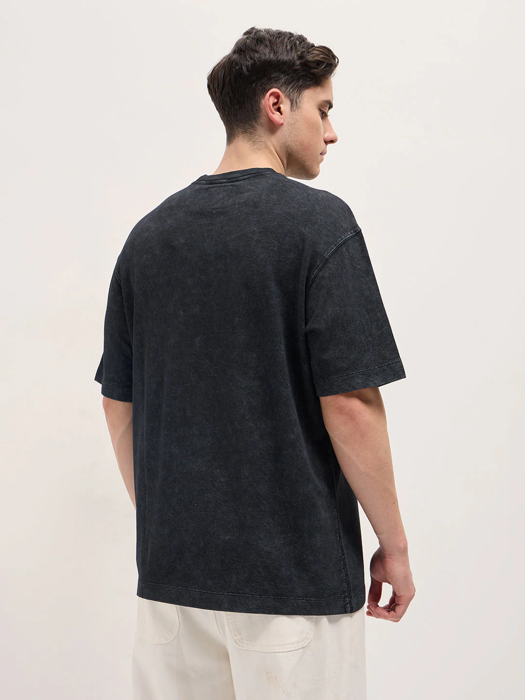 Men Black Stone-Wash Crew Neck T-shirt - Image 2