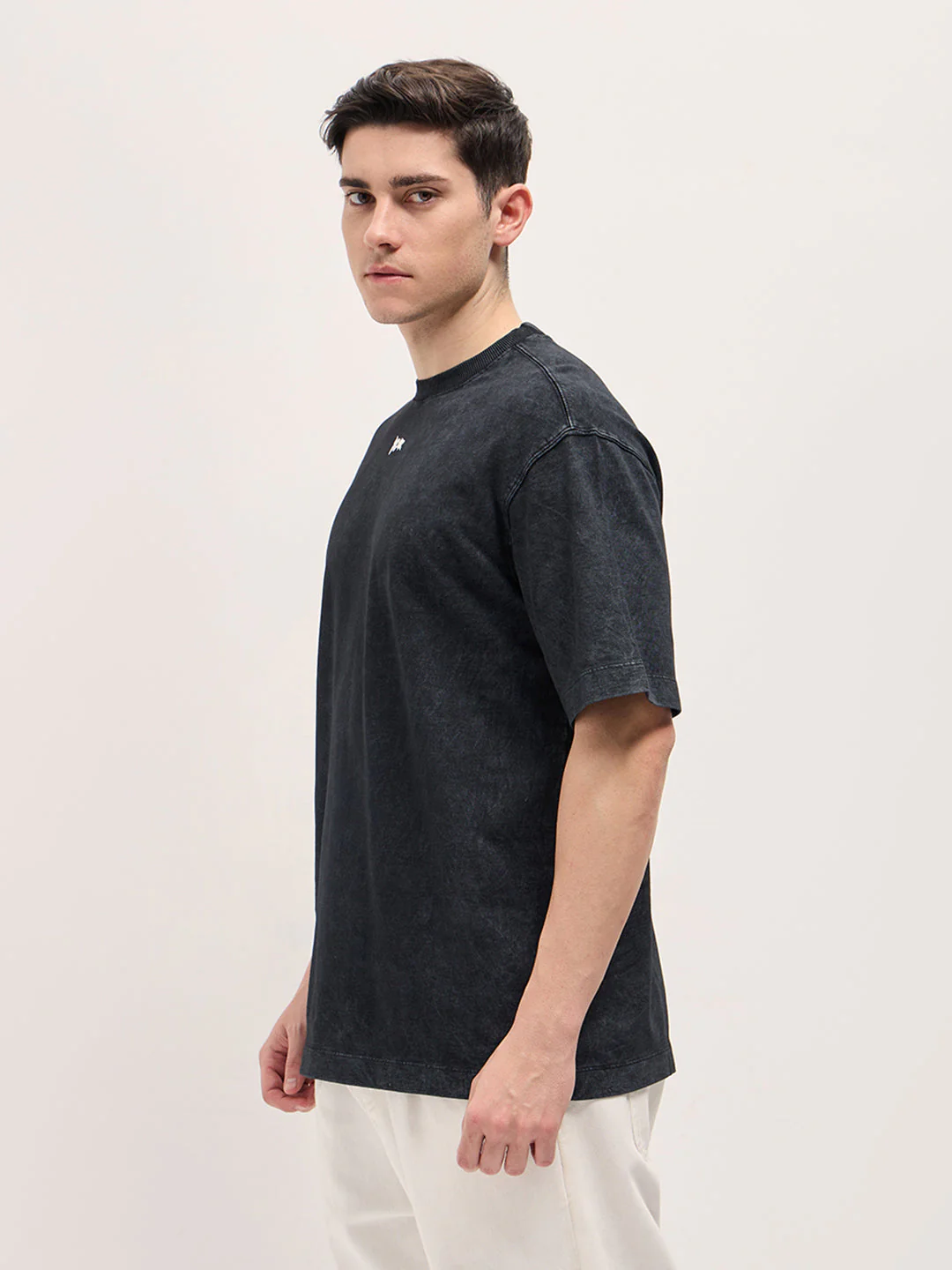 Men Black Stone-Wash Crew Neck T-shirt - Image 3