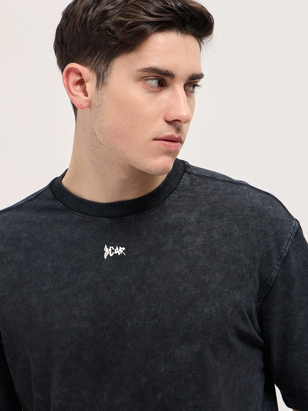 Men Black Stone-Wash Crew Neck T-shirt - Image 5