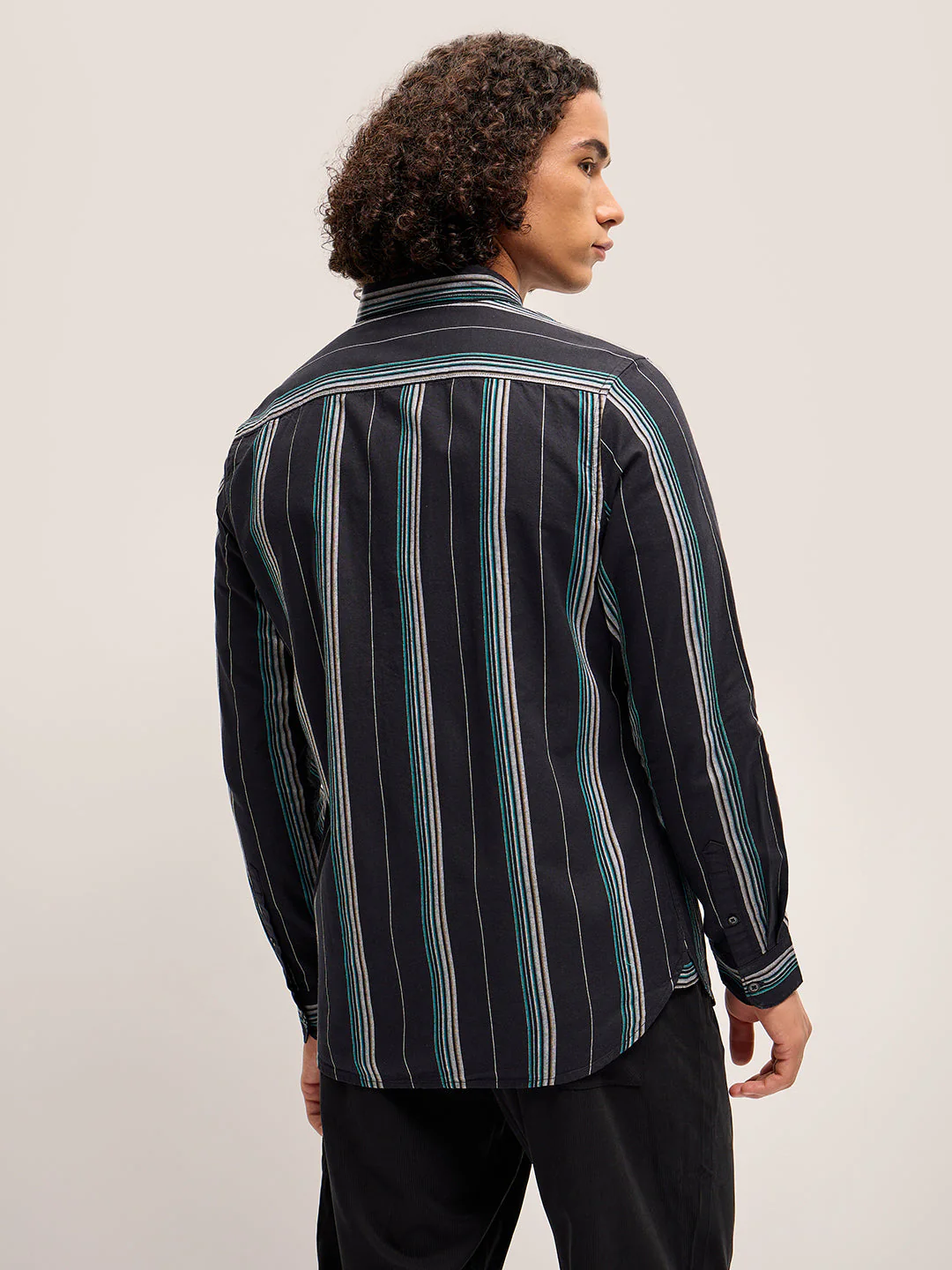 Men Black Stripe Slim Fit Casual Shirt - Image 2
