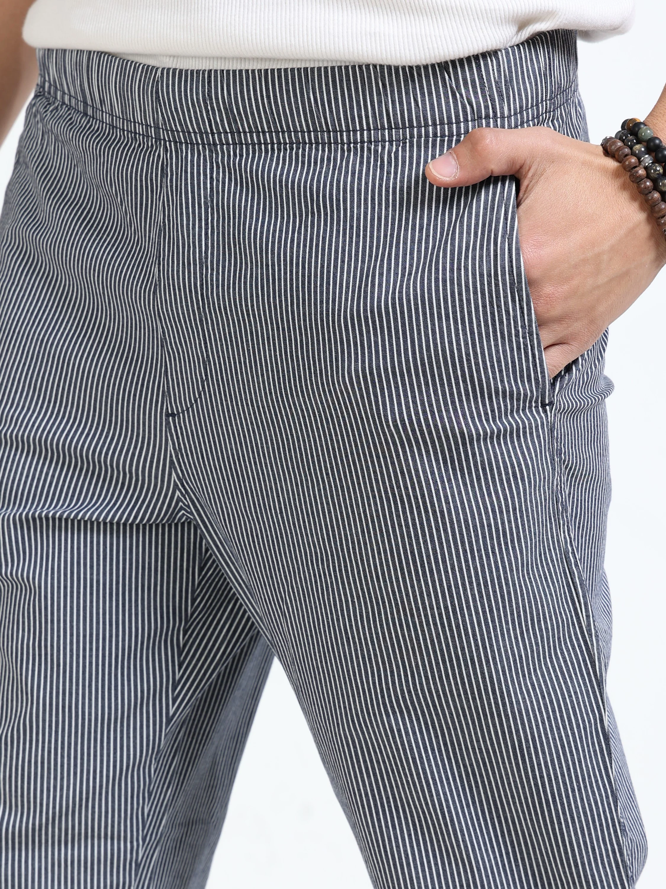 Men Black Striped Fit Pants - Image 4