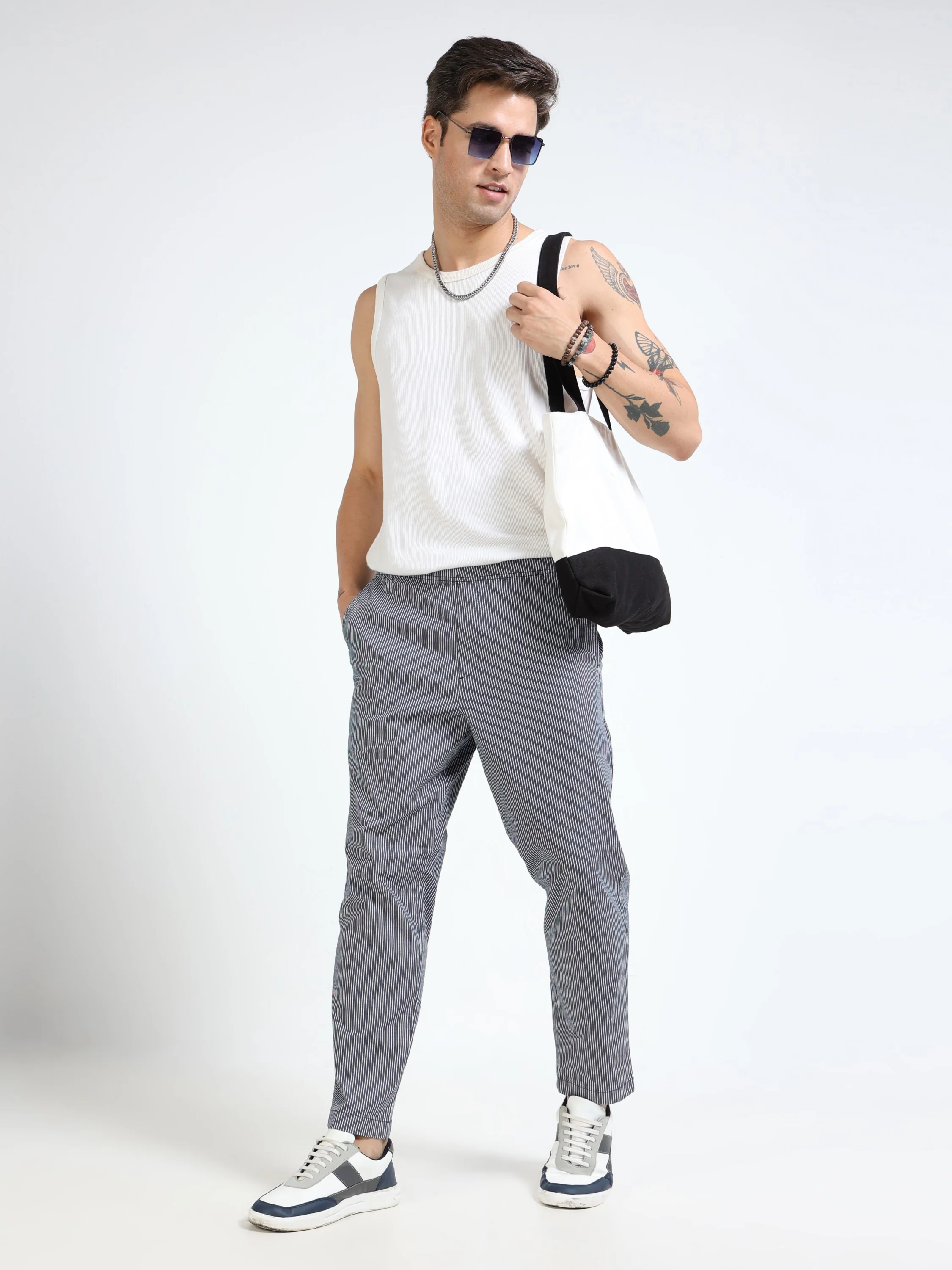 Men Black Striped Fit Pants - Image 6
