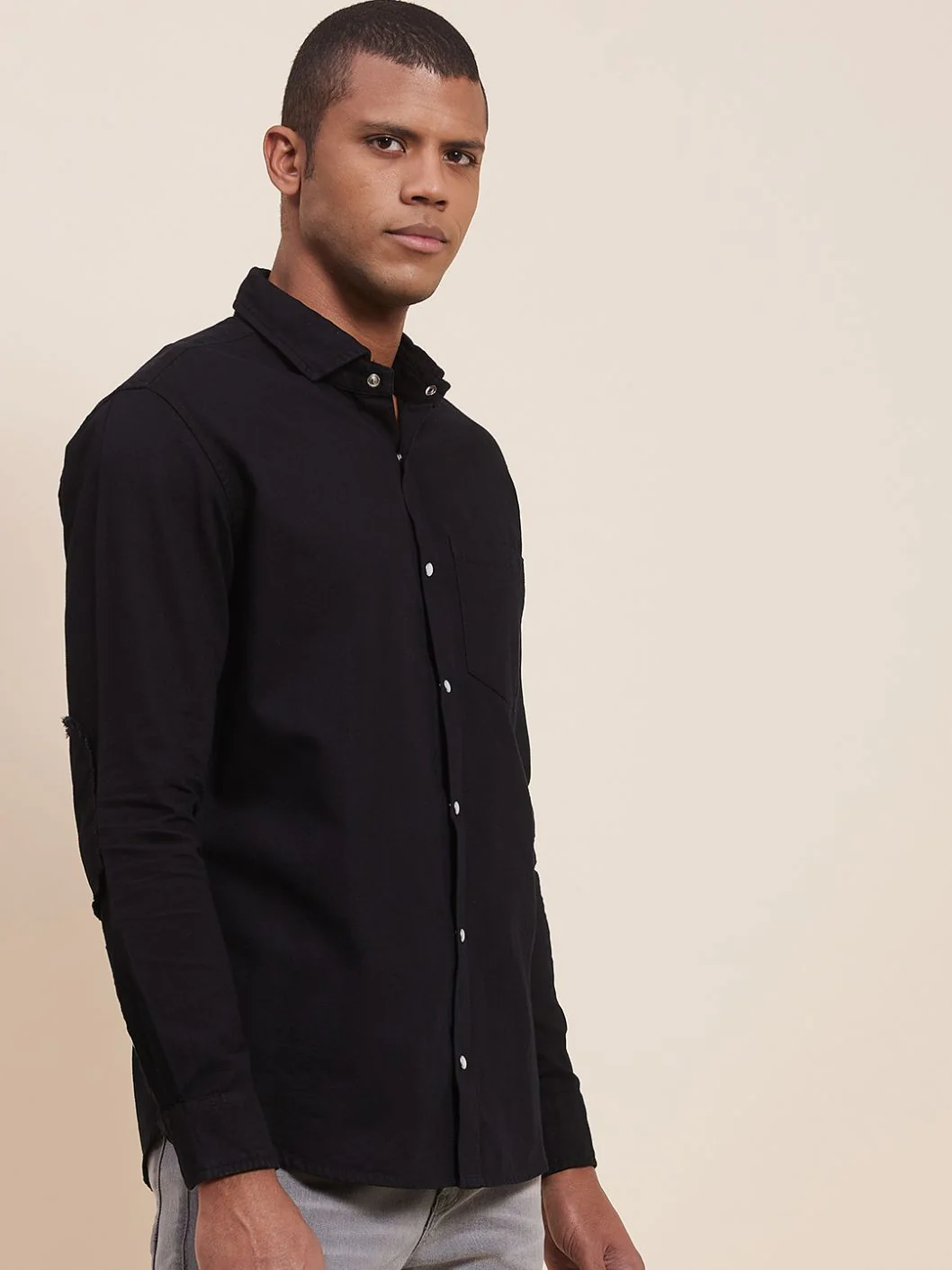 Men Black Tencel Elbow Patch Shirt - Image 2