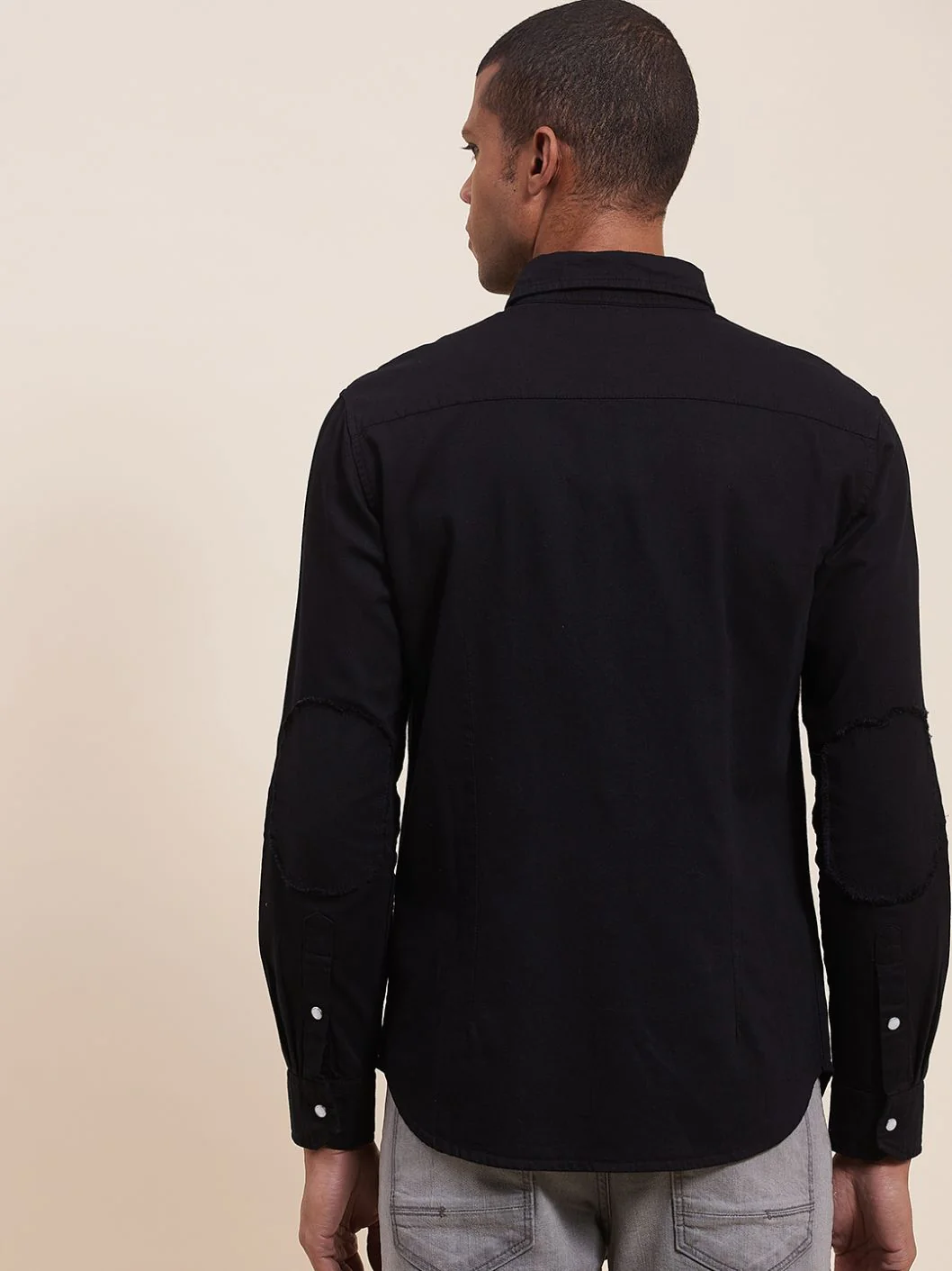 Men Black Tencel Elbow Patch Shirt - Image 3