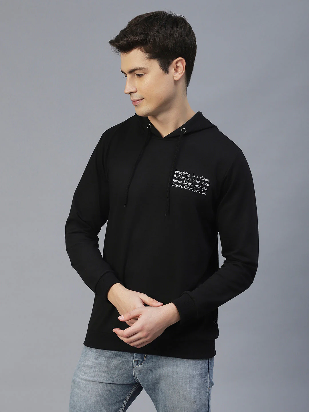 Men Black Text Print Hooded Sweatshirt - Image 5