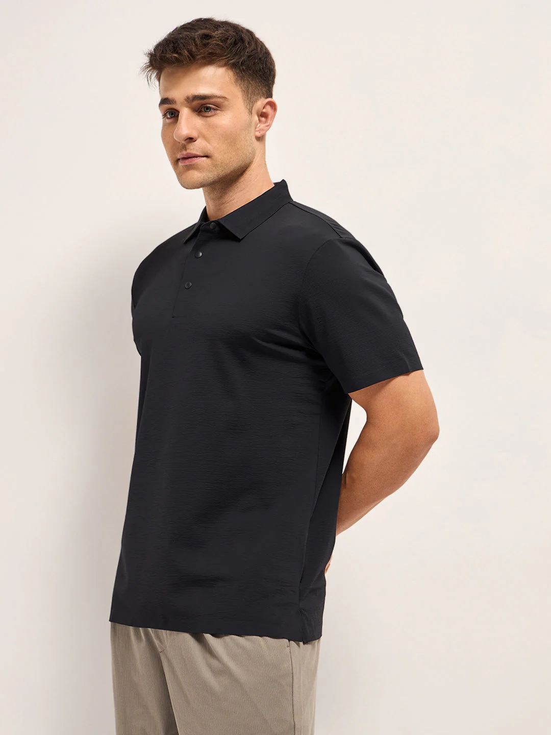 Men Black Texture Slim Fit Polo T-shirt - Image 3