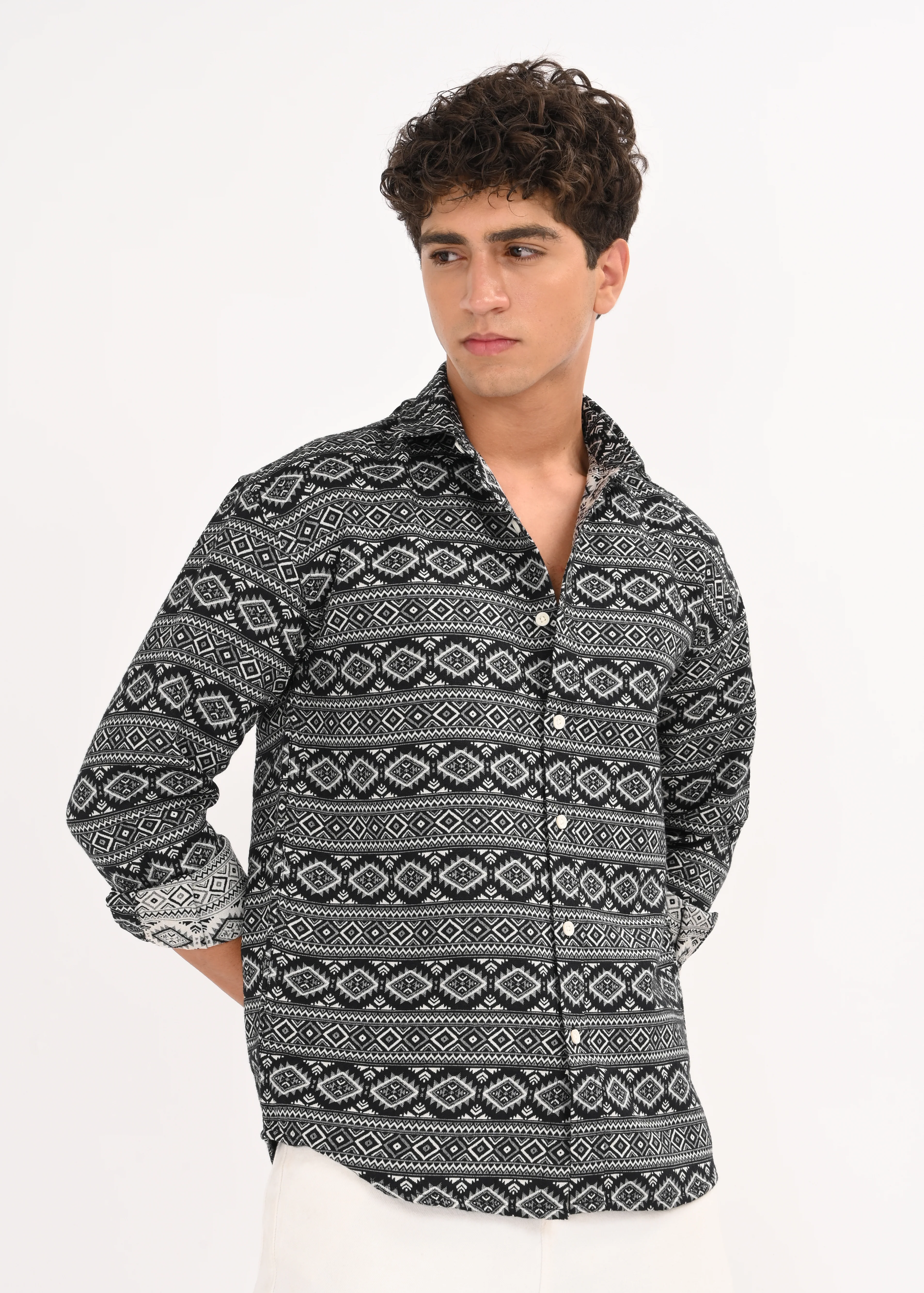 Men Black Textured Jacquard Tribal Shirt - Image 11