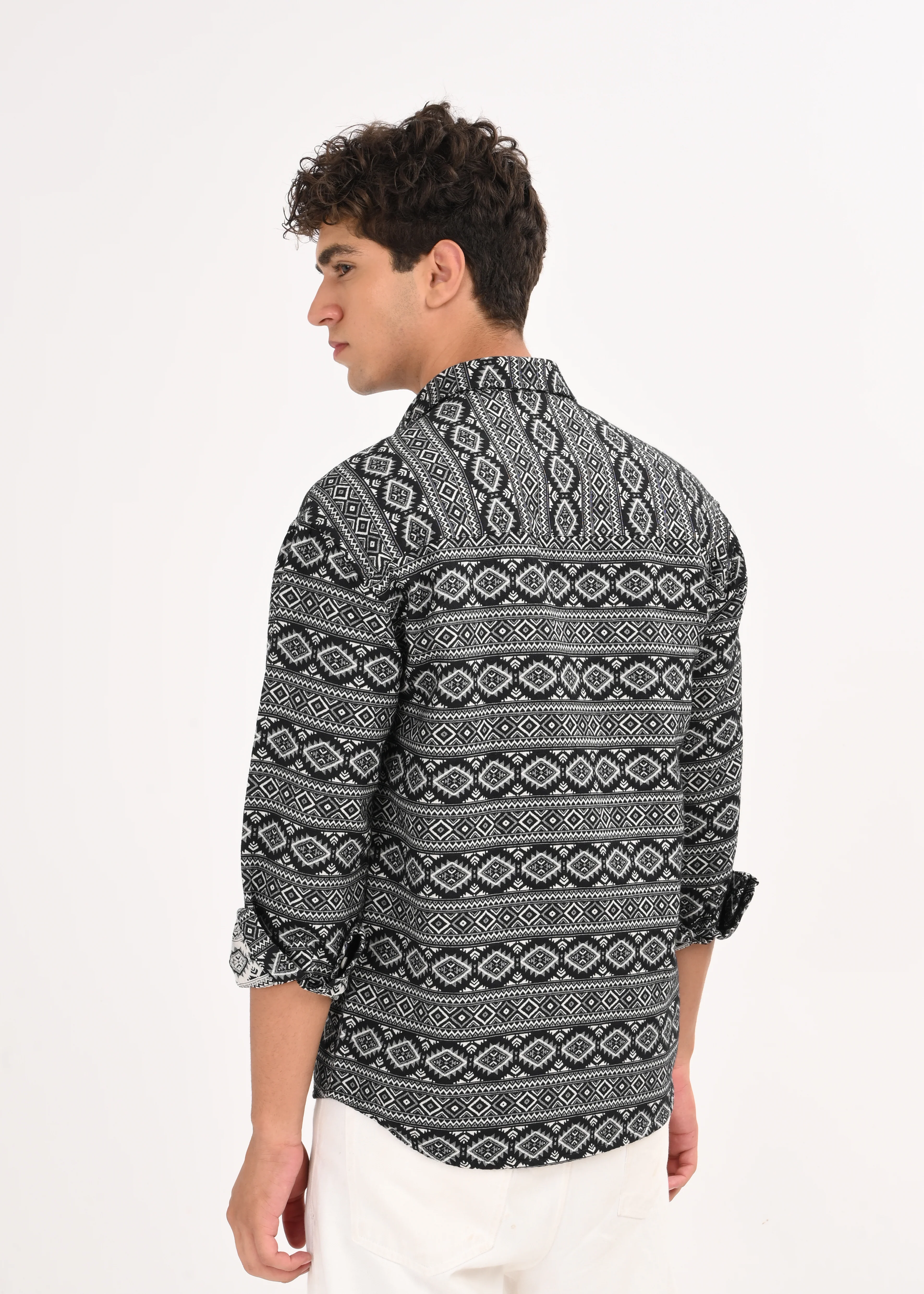 Men Black Textured Jacquard Tribal Shirt - Image 2
