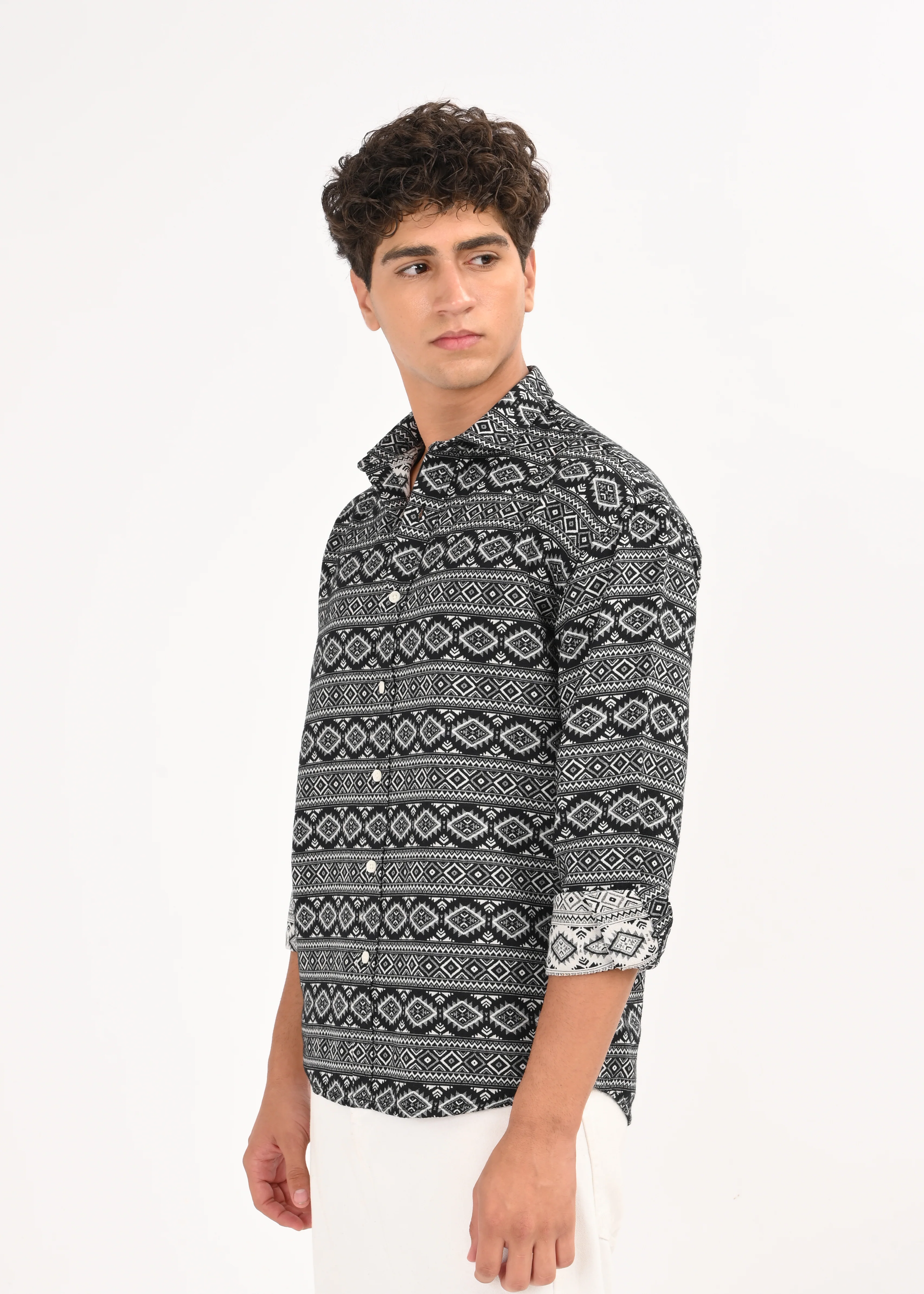 Men Black Textured Jacquard Tribal Shirt - Image 3
