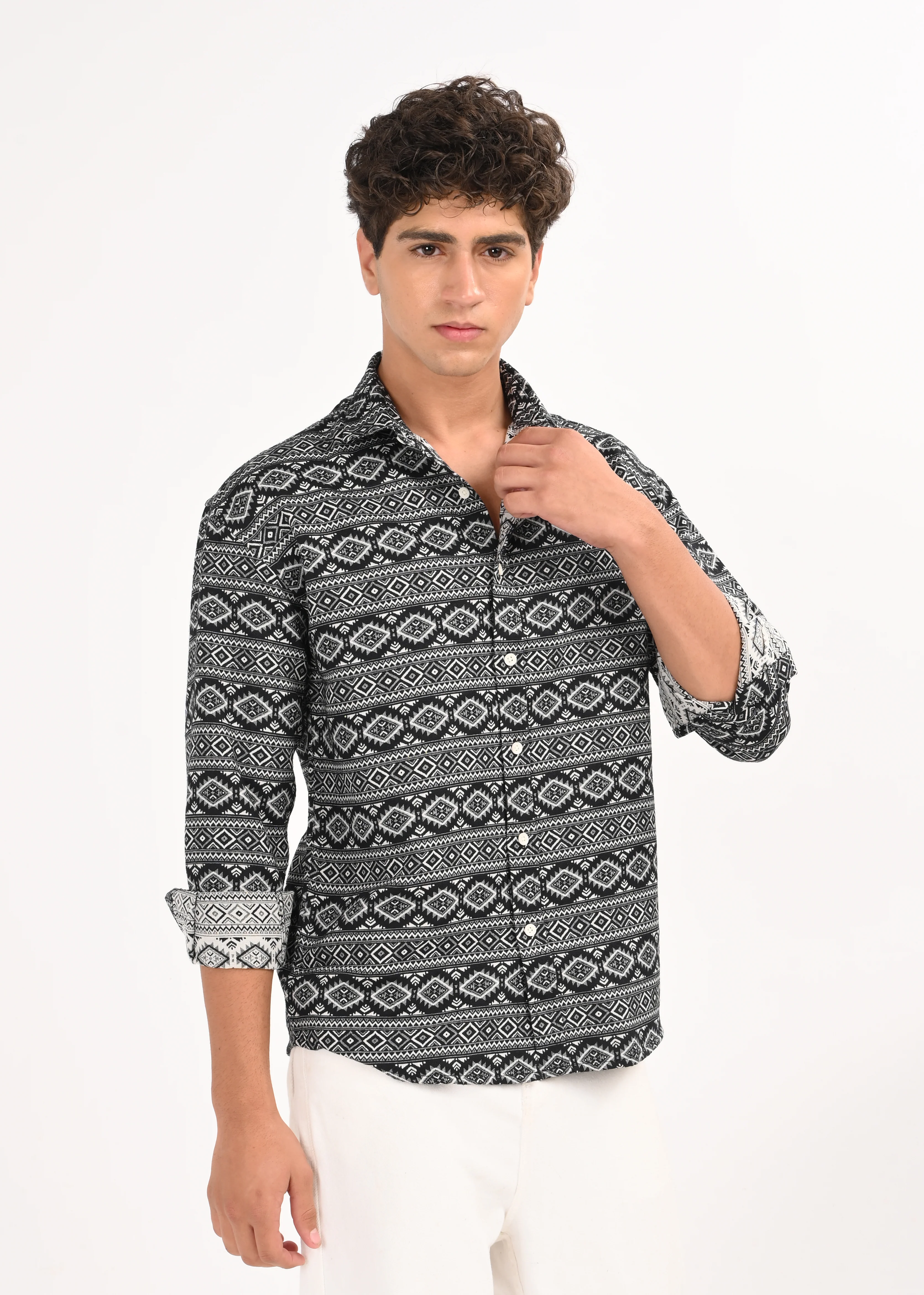 Men Black Textured Jacquard Tribal Shirt - Image 5