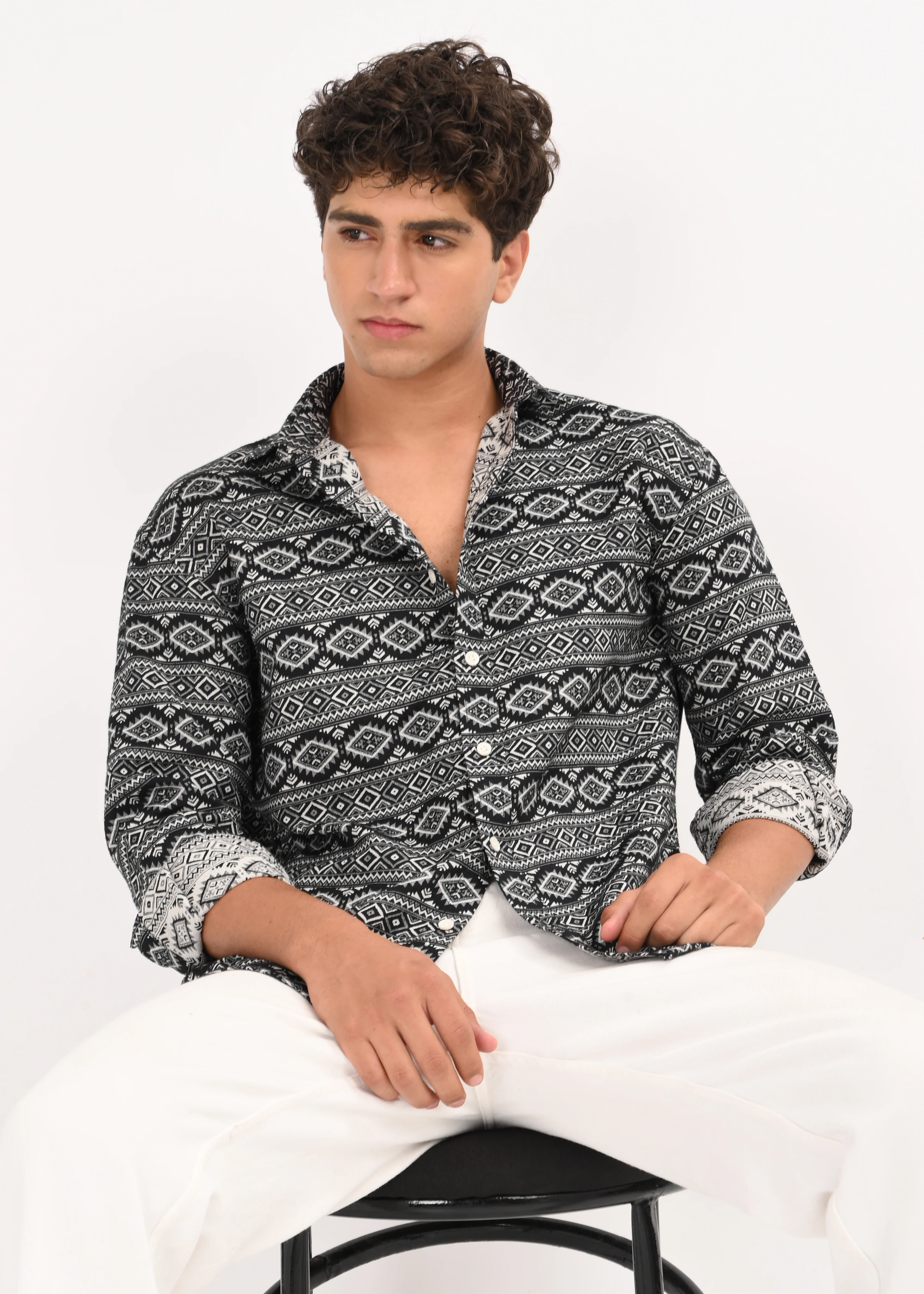 Men Black Textured Jacquard Tribal Shirt - Image 8