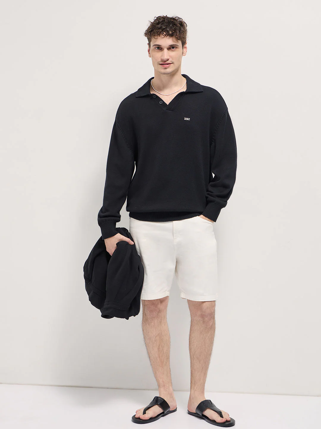 Men Black Textured Knit Relaxed Fit Polo - Image 4