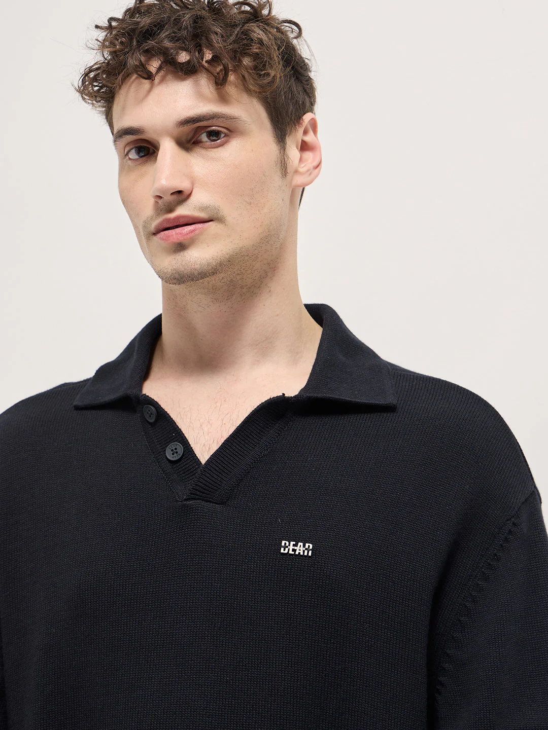 Men Black Textured Knit Relaxed Fit Polo - Image 5