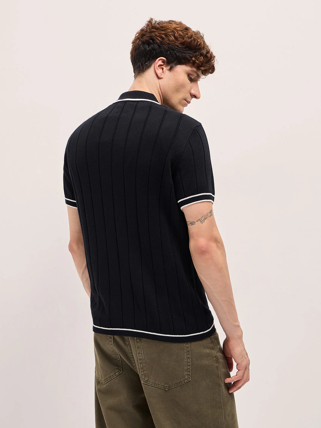 Men Black Textured Knit Shirt-Style Regular Fit Polo - Image 2