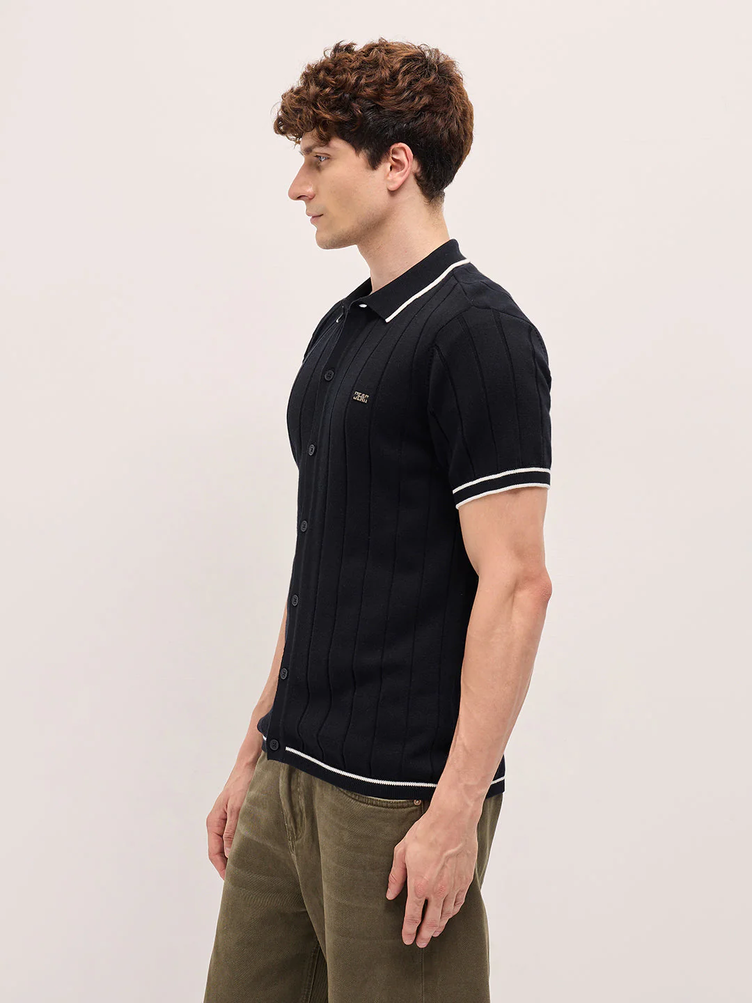Men Black Textured Knit Shirt-Style Regular Fit Polo - Image 3