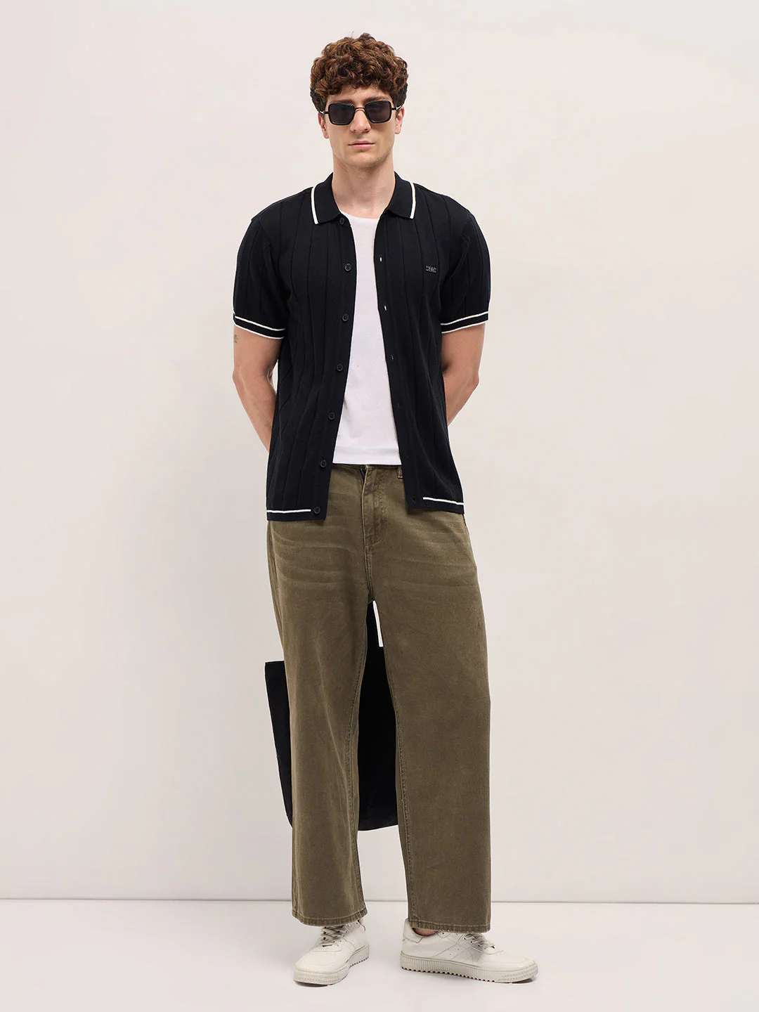 Men Black Textured Knit Shirt-Style Regular Fit Polo - Image 4