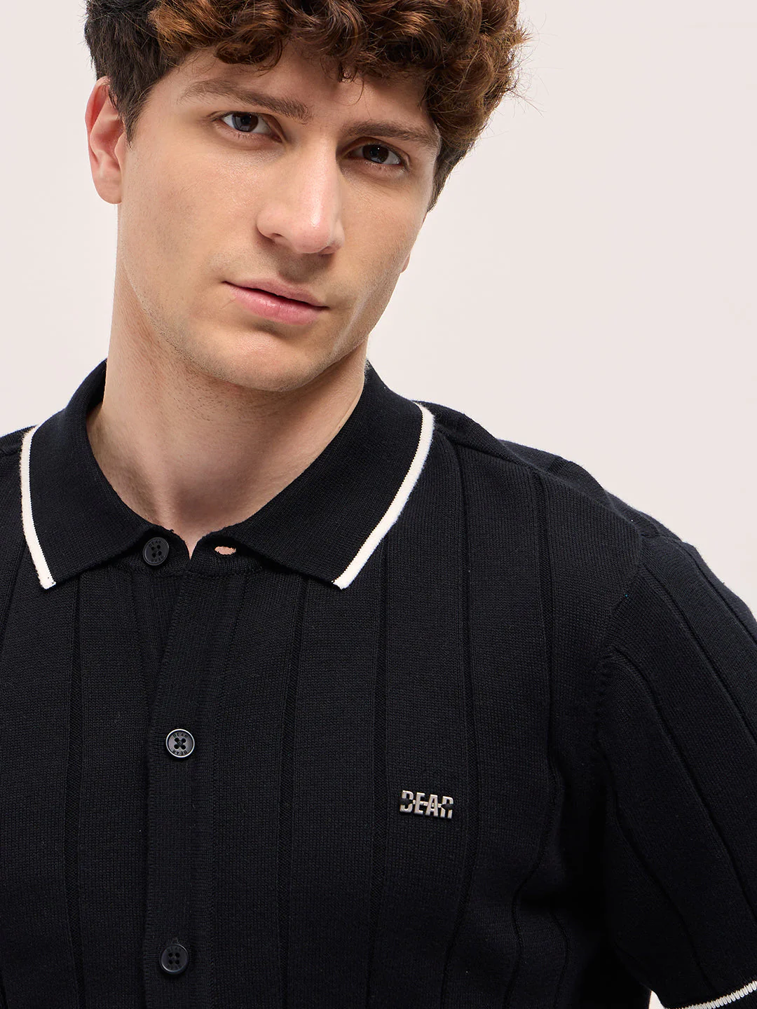 Men Black Textured Knit Shirt-Style Regular Fit Polo - Image 5