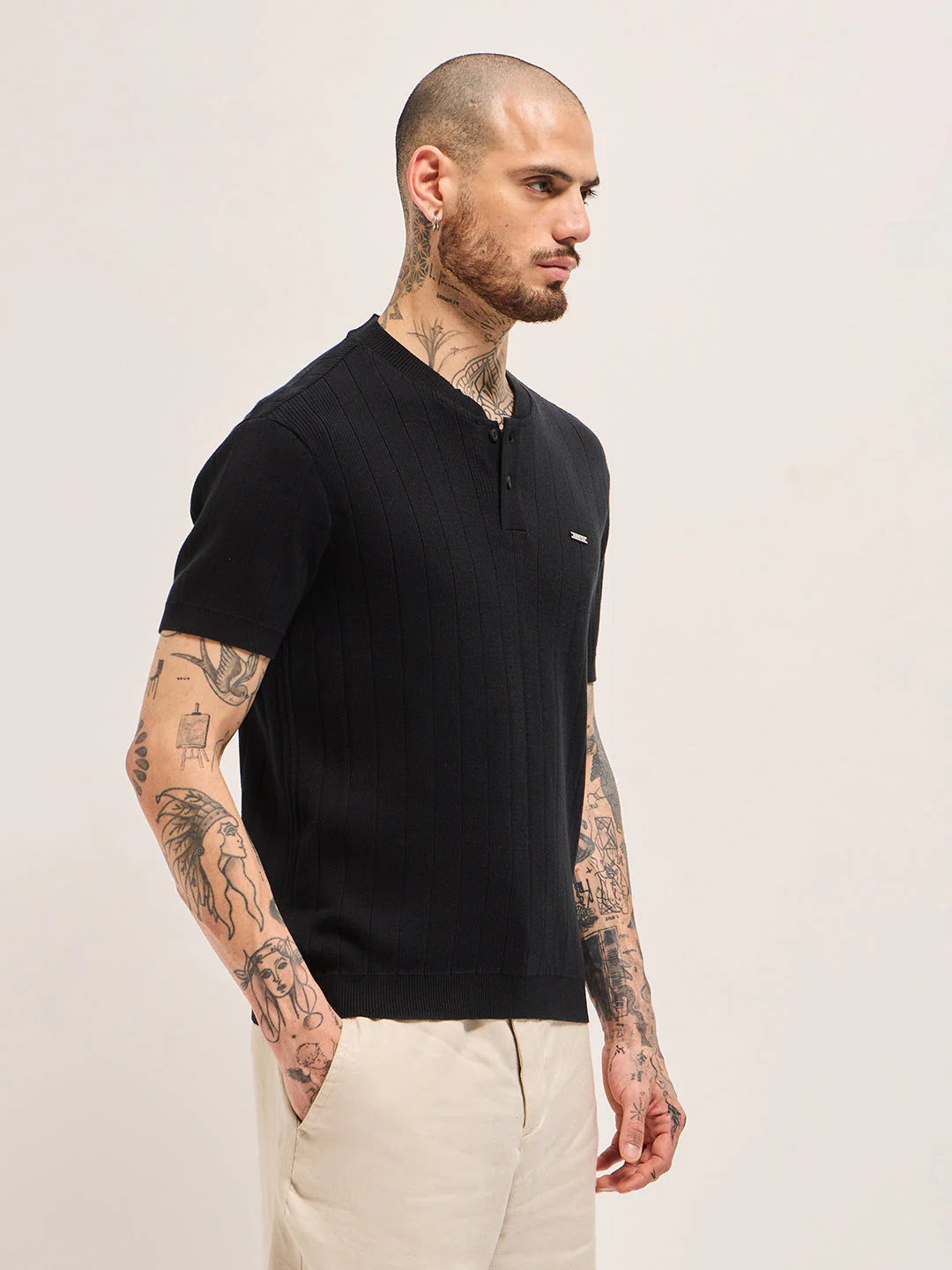 Men Black Textured Knit Striped Design Regular Fit Henley Neck T-Shirt - Image 3