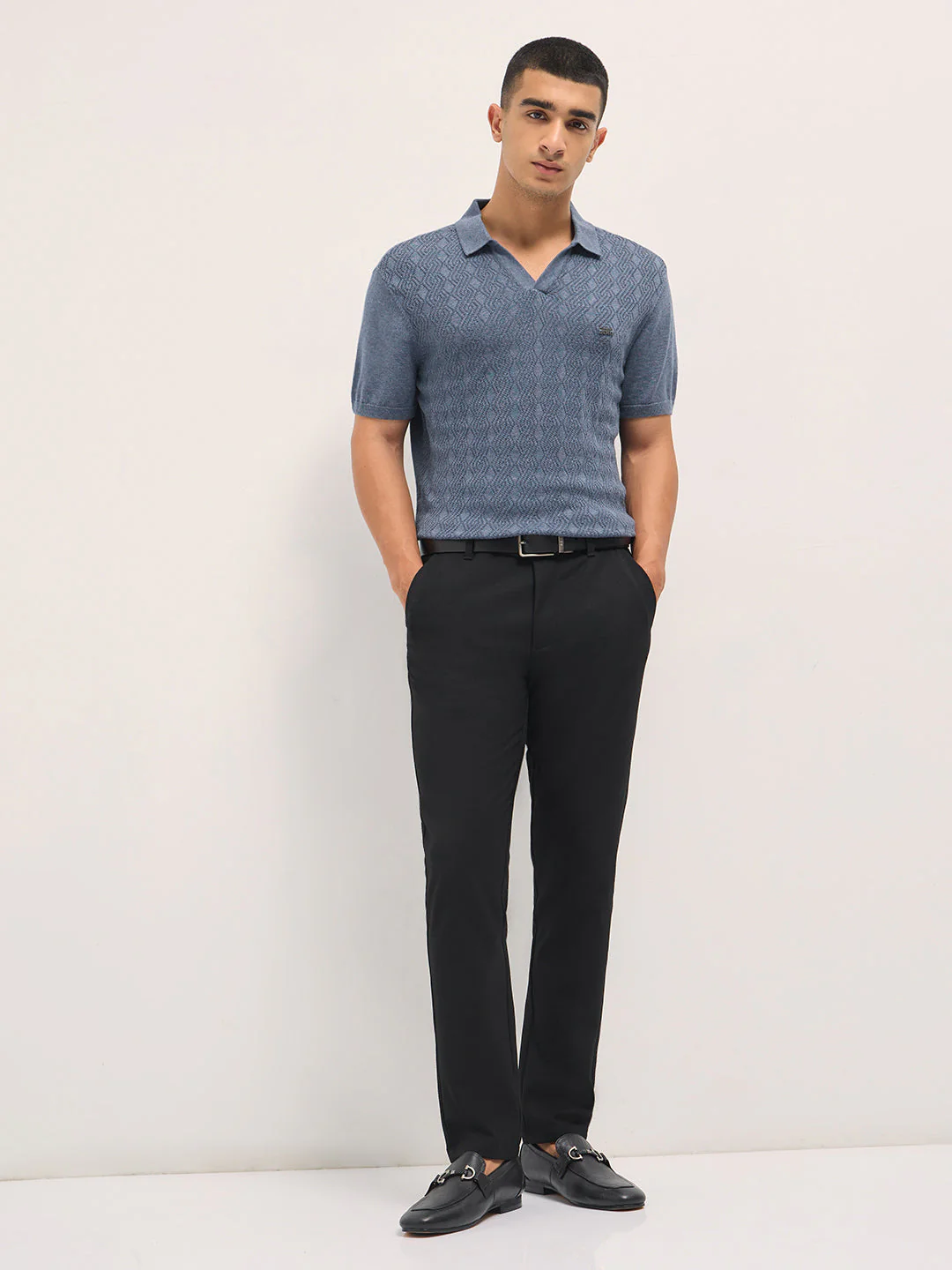 Men Black Textured Polyester Blend Slim Fit Formal Trousers - Image 4