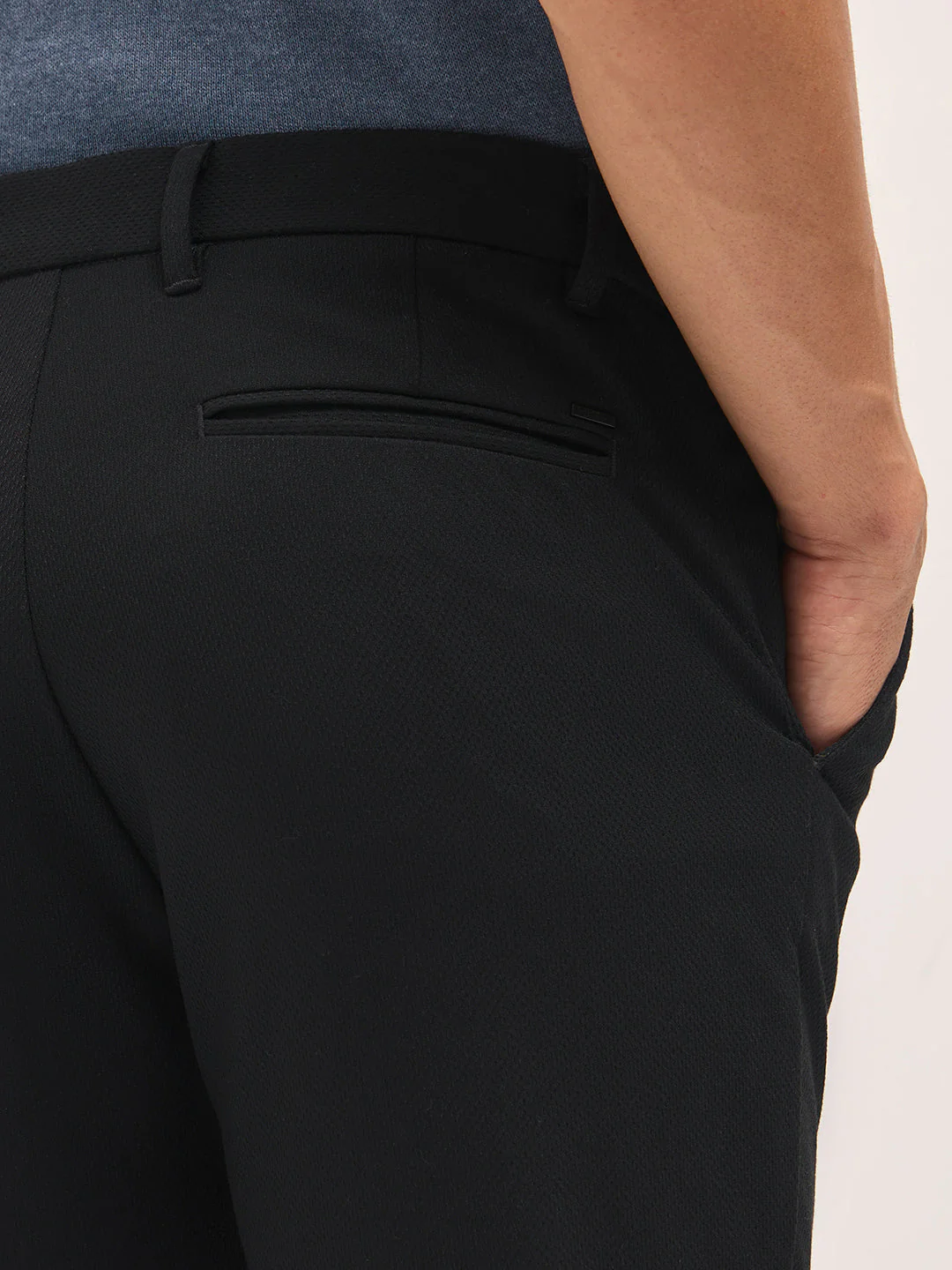 Men Black Textured Polyester Blend Slim Fit Formal Trousers - Image 6