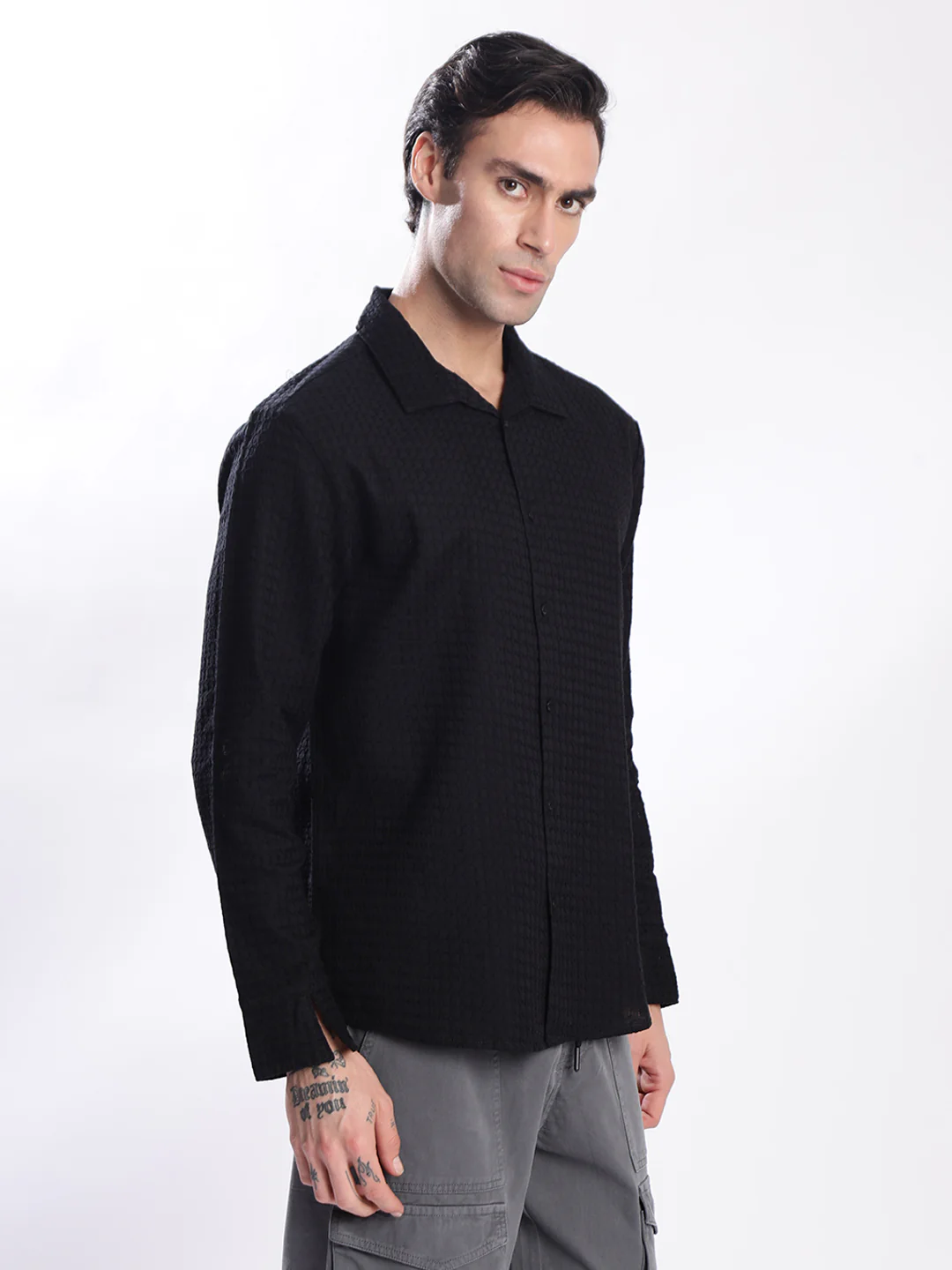 Men Black Textured Shirt with stylized Collar - Image 3