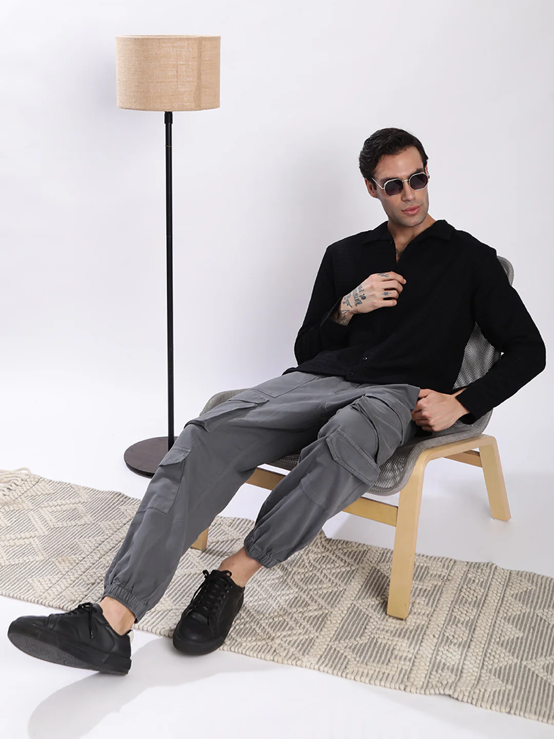 Men Black Textured Shirt with stylized Collar - Image 7