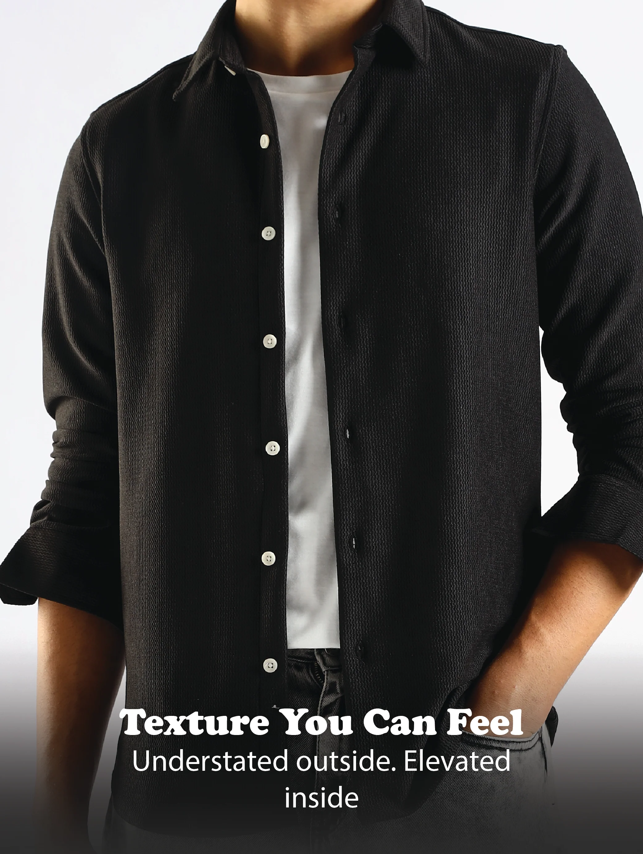 Men Black Textured Spread Collar Shirt - Image 14