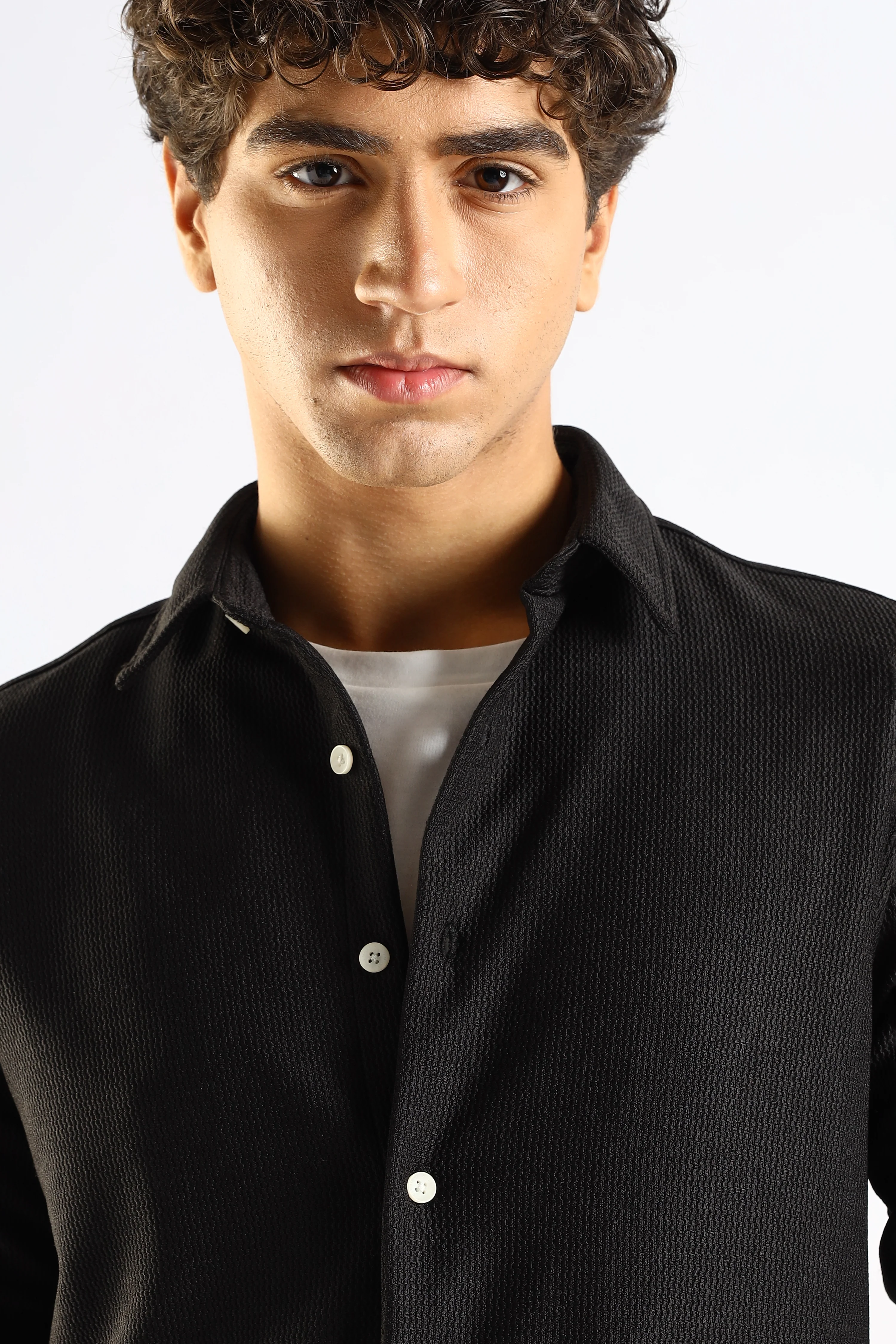 Men Black Textured Spread Collar Shirt - Image 5