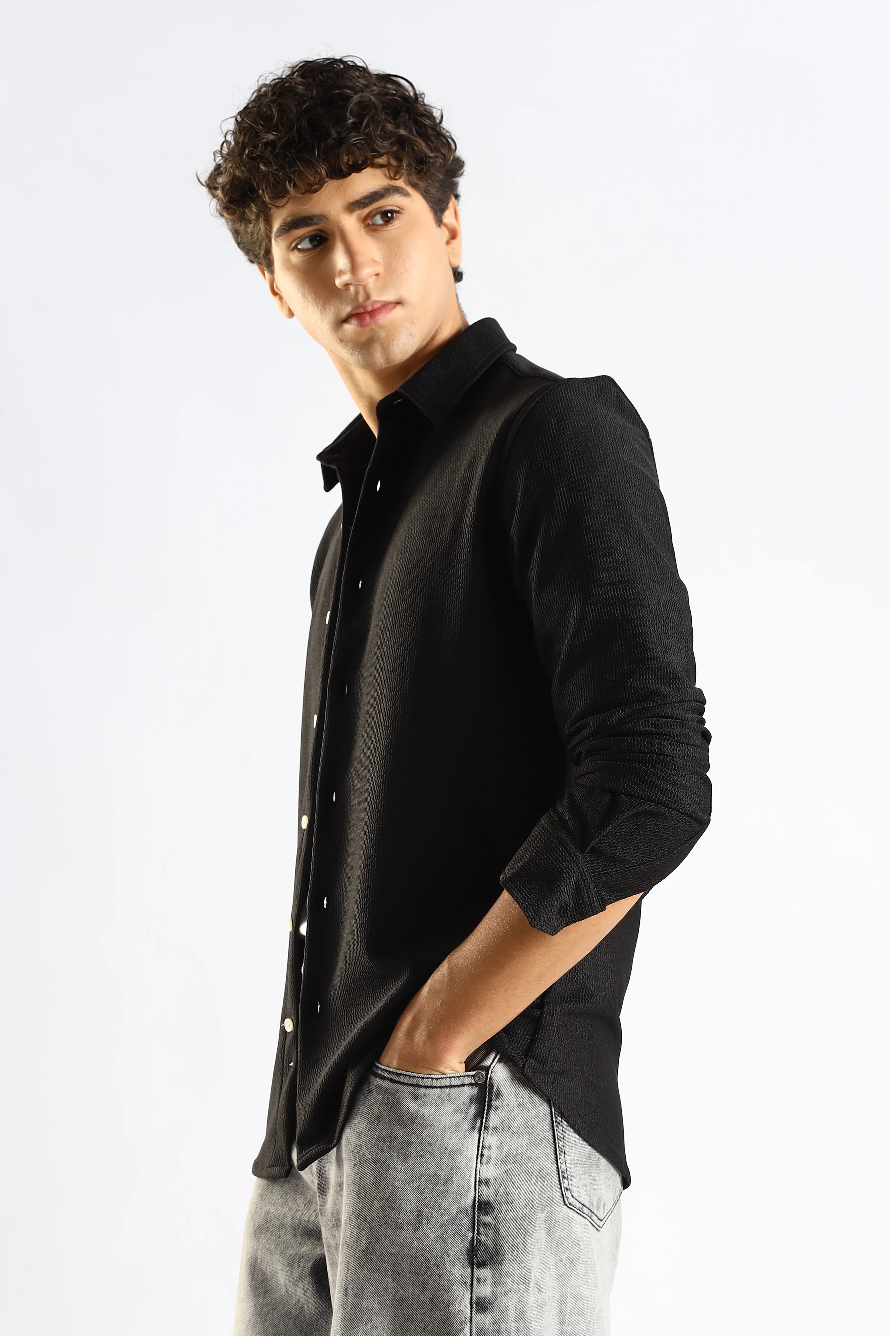 Men Black Textured Spread Collar Shirt - Image 6