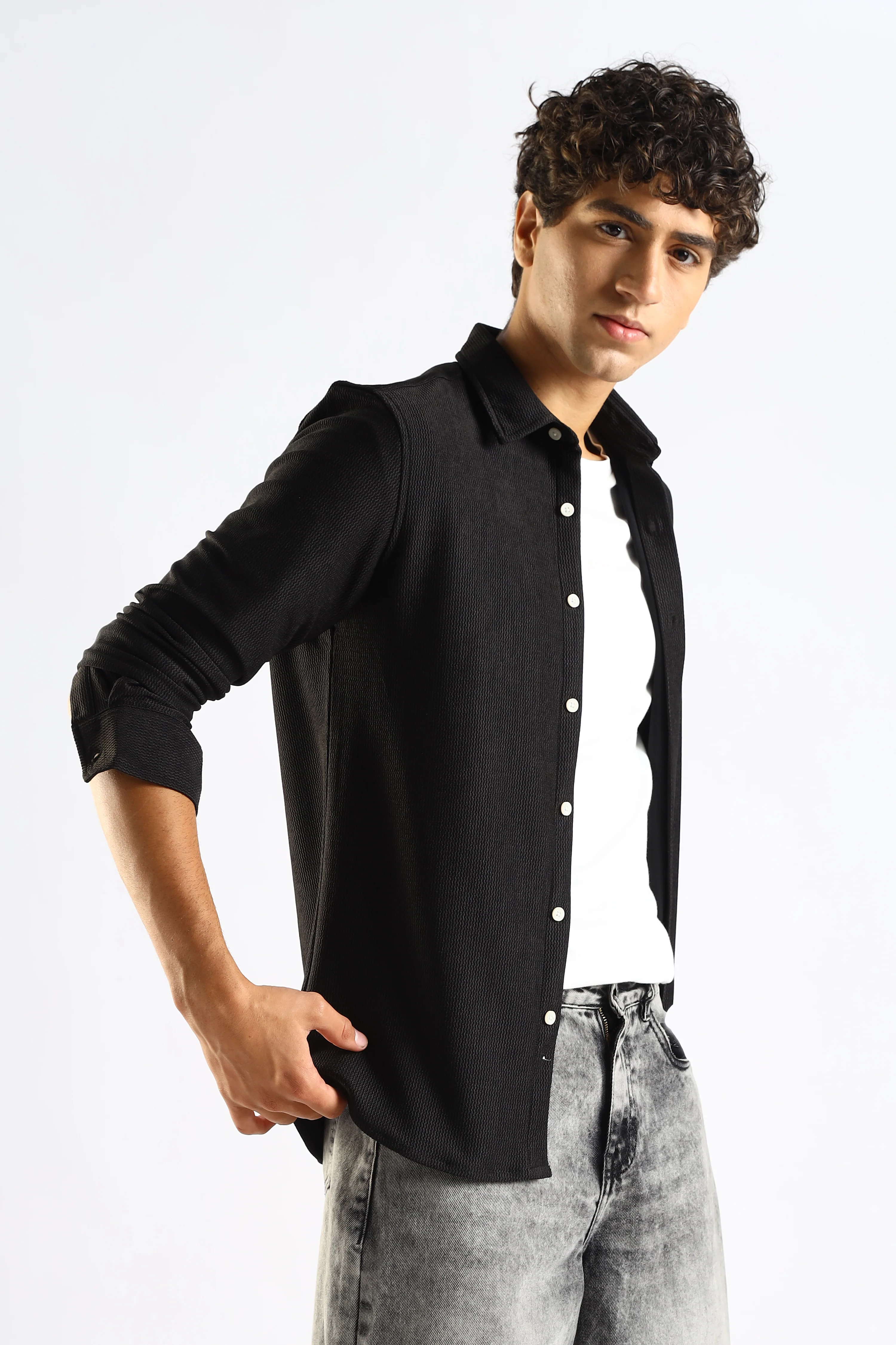 Men Black Textured Spread Collar Shirt - Image 7