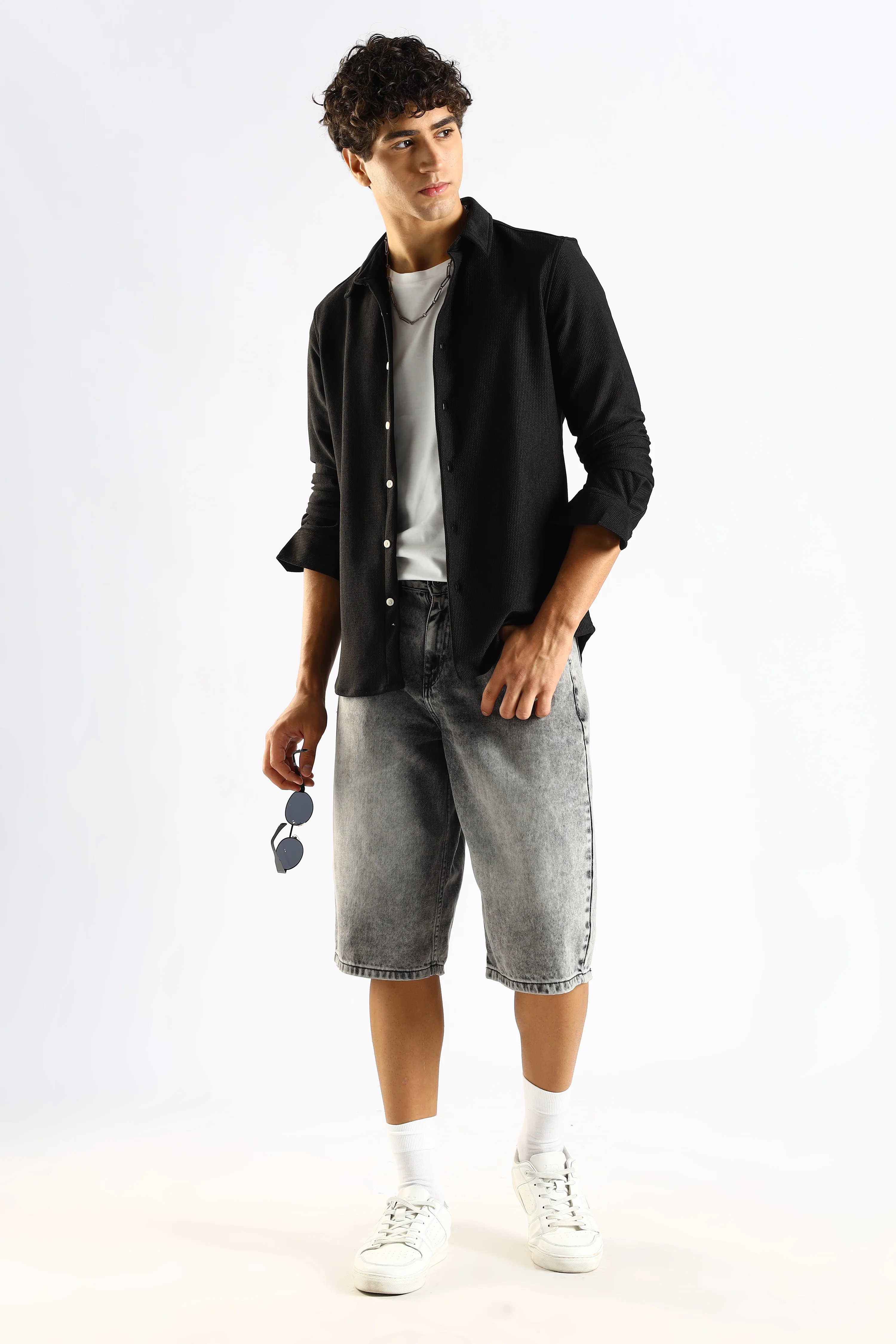 Men Black Textured Spread Collar Shirt - Image 8