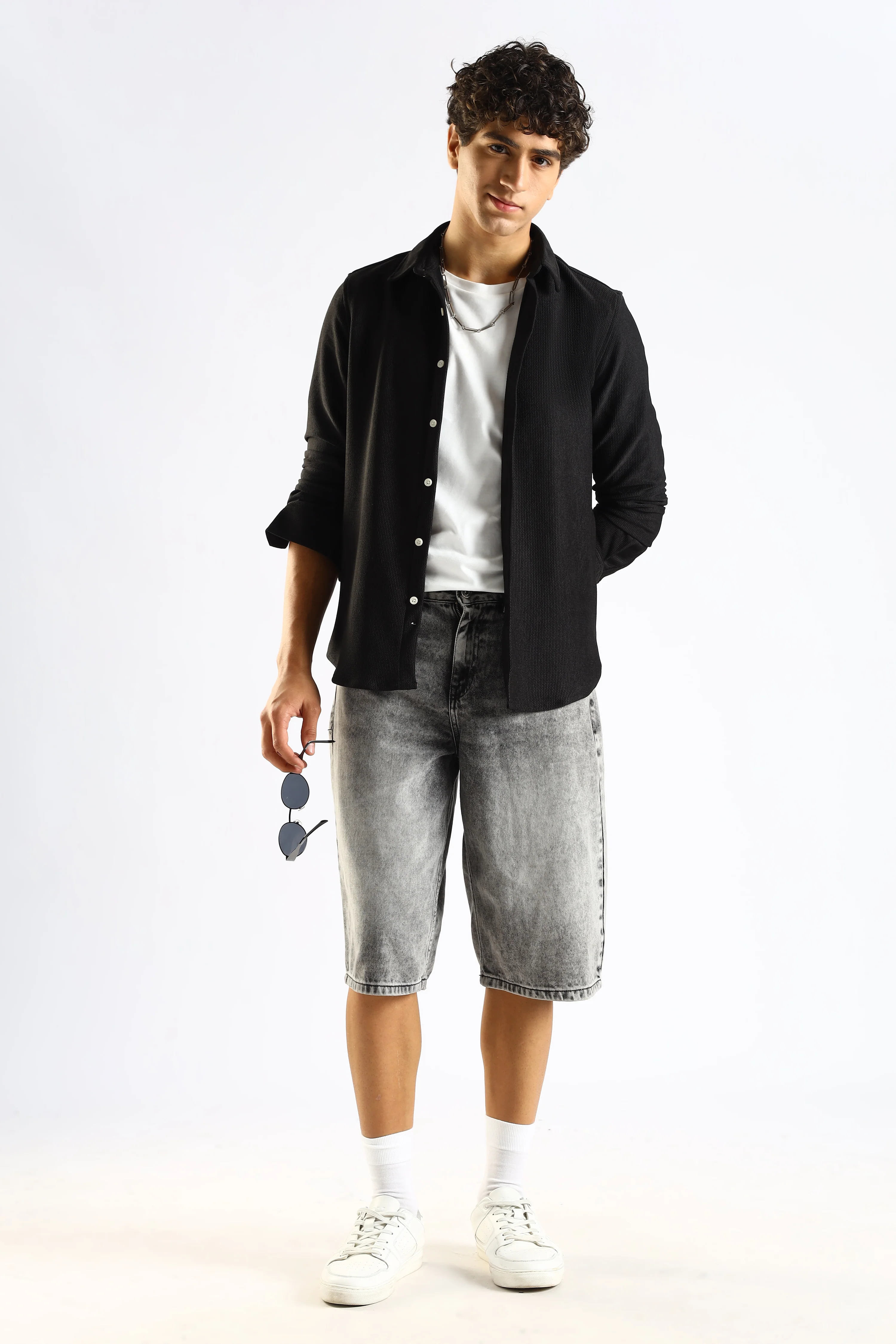 Men Black Textured Spread Collar Shirt - Image 9