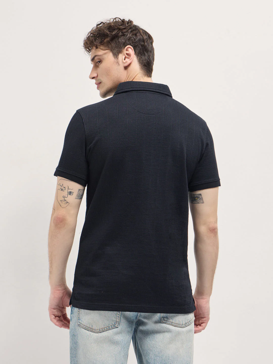 Men Black Textured Stripe Design Slim Fit Polo - Image 2