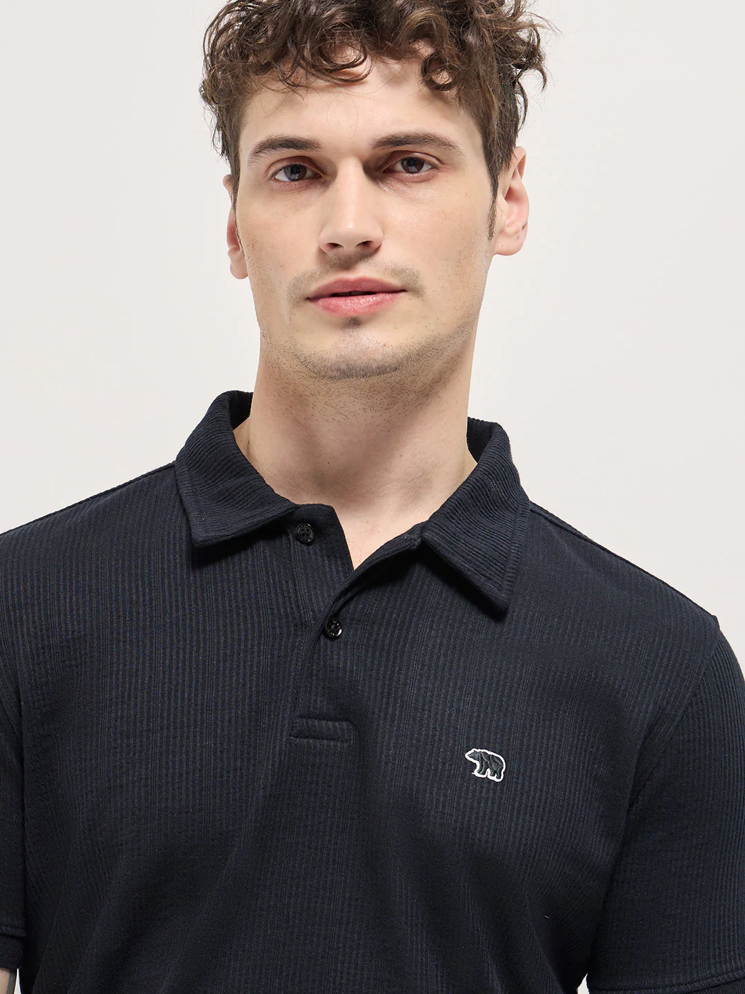 Men Black Textured Stripe Design Slim Fit Polo - Image 5