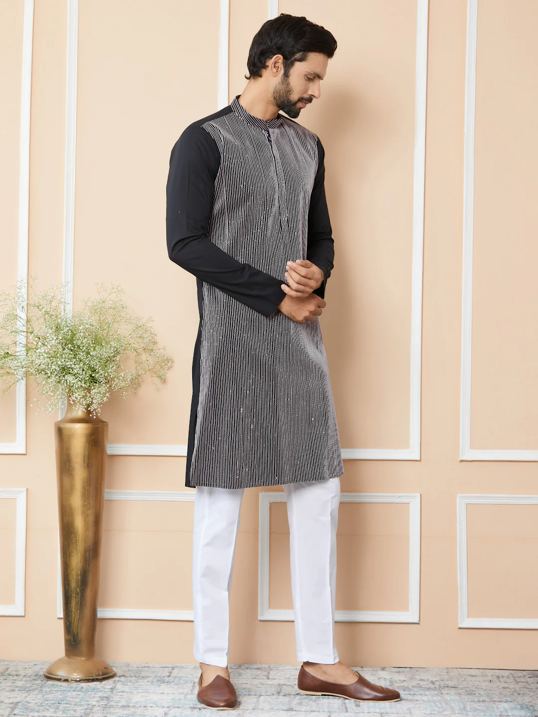Men Black Thread & Sequin Worked Pure Cotton Straight Kurta - Image 2