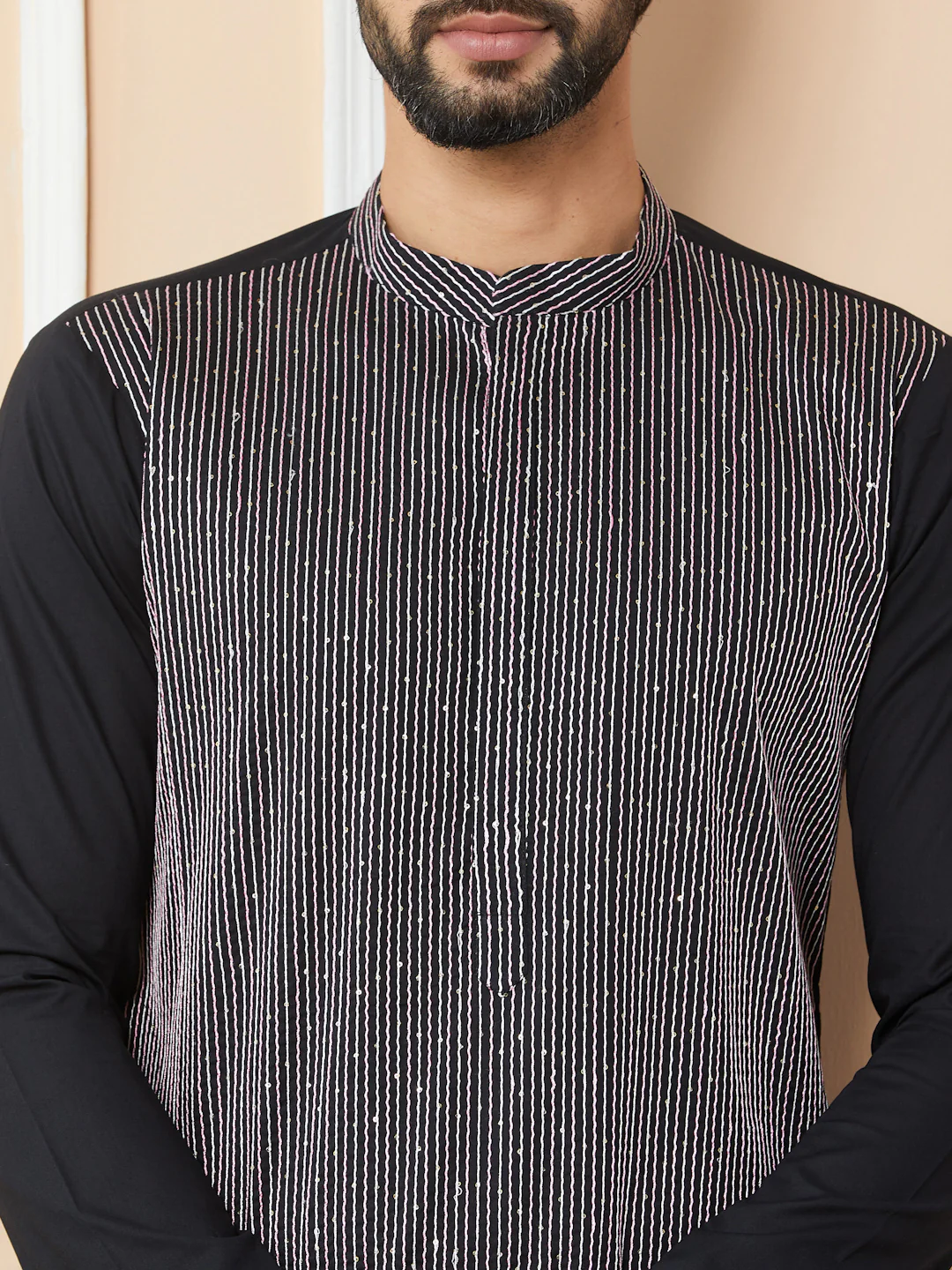 Men Black Thread & Sequin Worked Pure Cotton Straight Kurta - Image 4