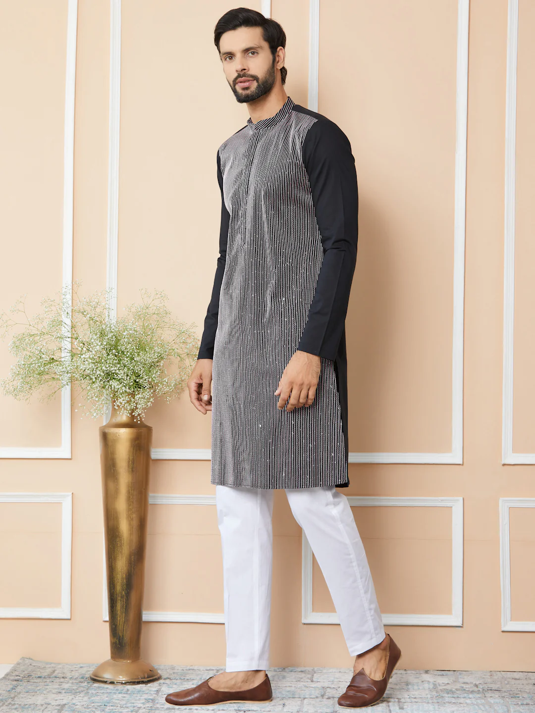 Men Black Thread & Sequin Worked Pure Cotton Straight Kurta - Image 6