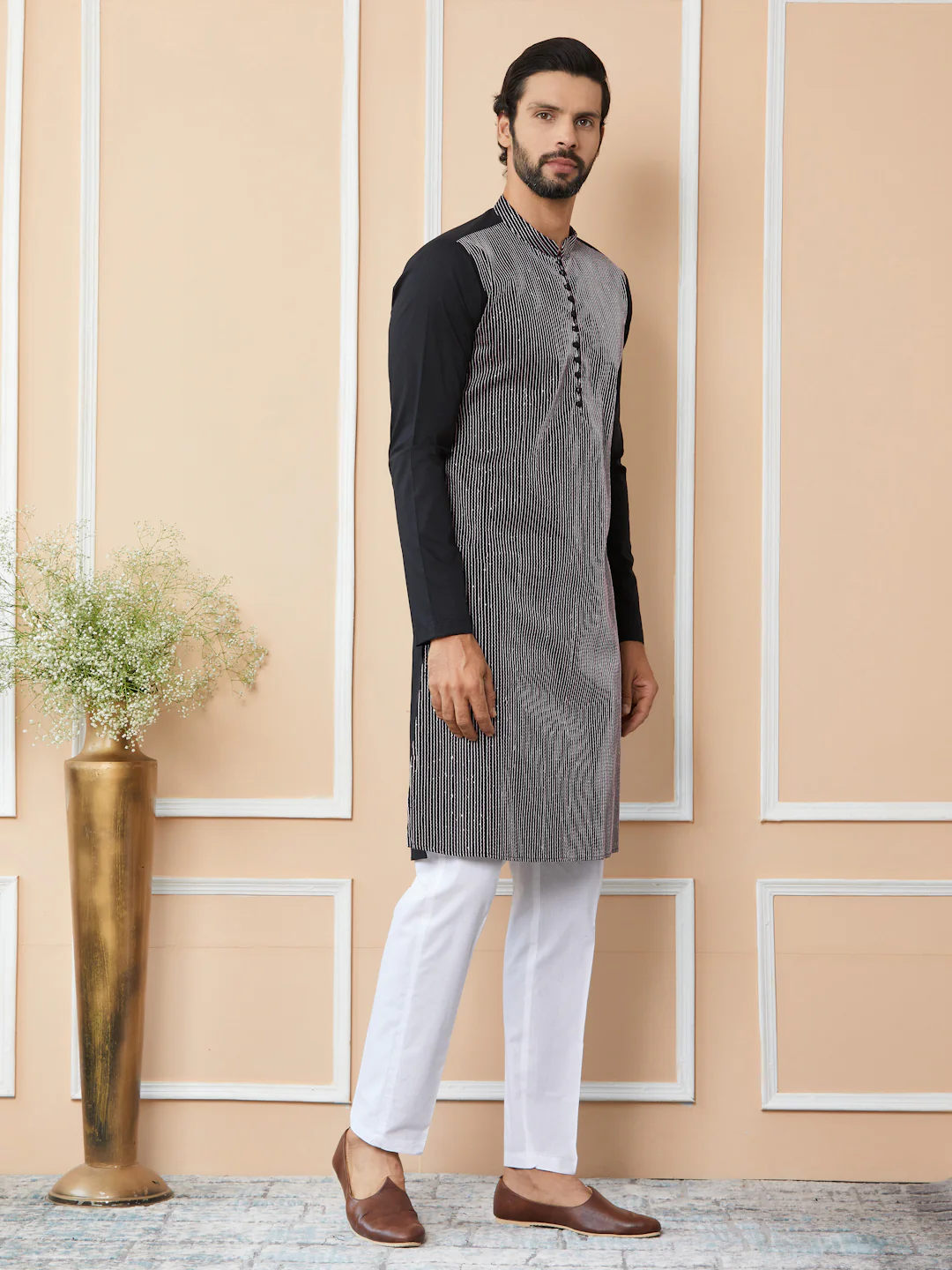 Men Black Thread & Sequin Worked Pure Cotton Straight Kurta - Image 2