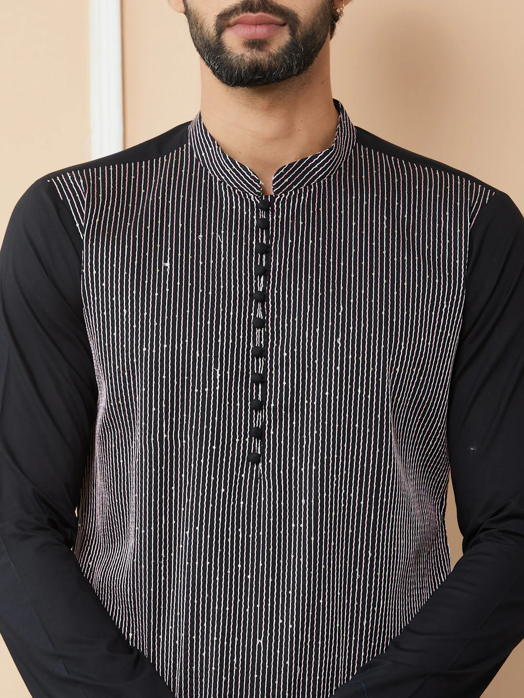 Men Black Thread & Sequin Worked Pure Cotton Straight Kurta - Image 4