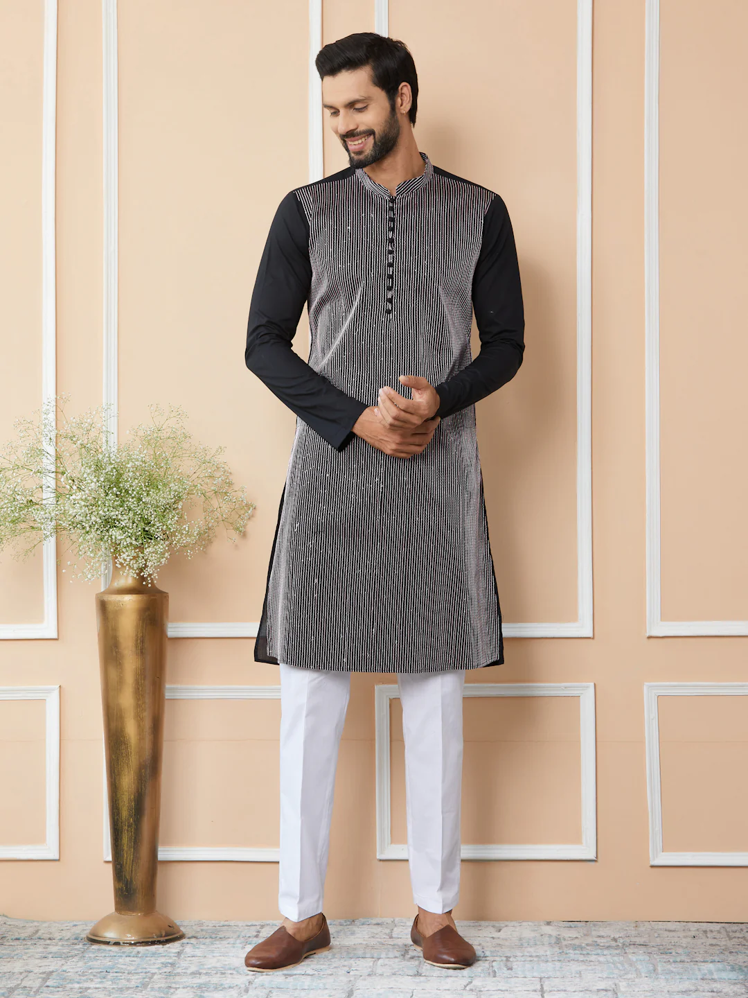 Men Black Thread & Sequin Worked Pure Cotton Straight Kurta - Image 5