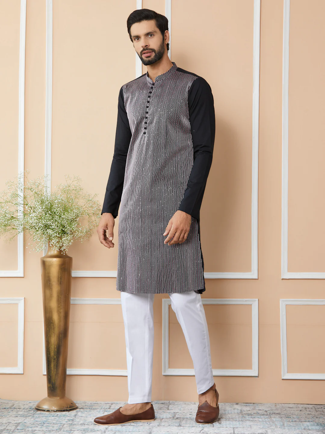 Men Black Thread & Sequin Worked Pure Cotton Straight Kurta - Image 6