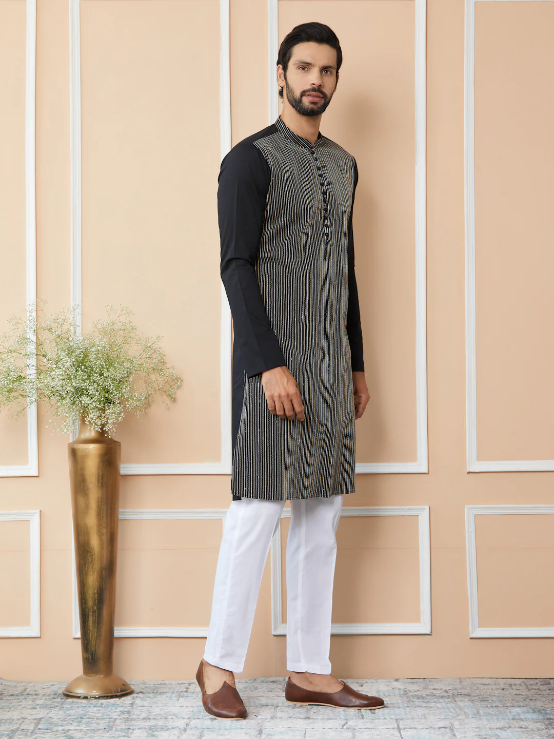 Men Black Thread & Sequin Worked Pure Cotton Straight Kurta - Image 2