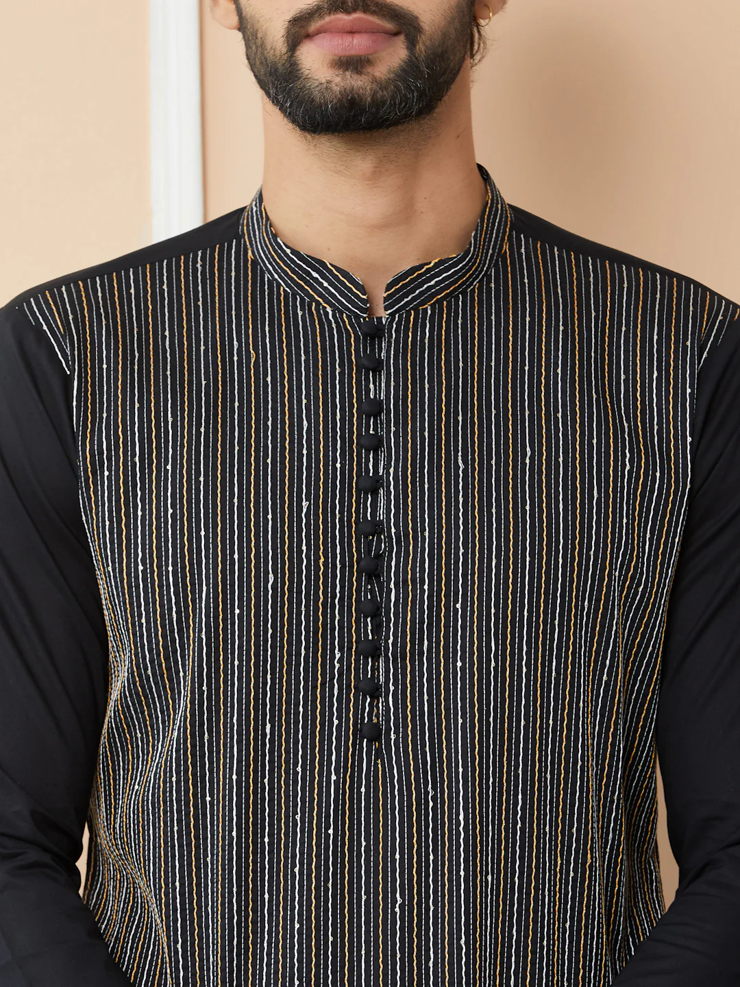 Men Black Thread & Sequin Worked Pure Cotton Straight Kurta - Image 4