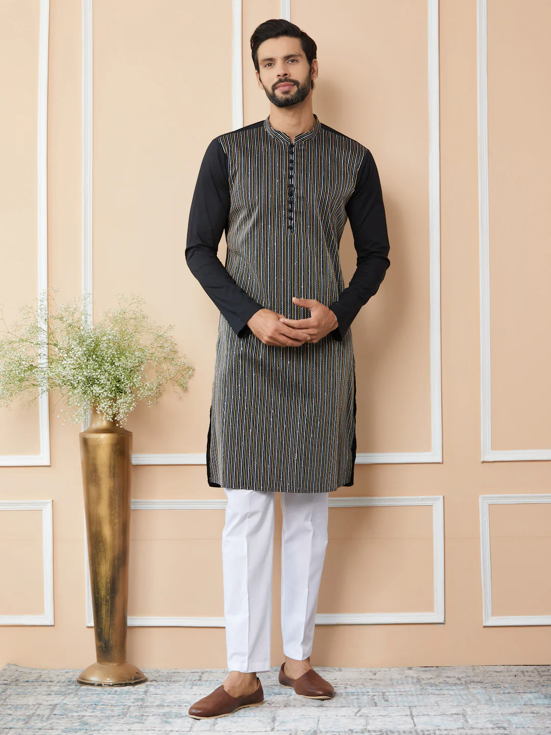 Men Black Thread & Sequin Worked Pure Cotton Straight Kurta - Image 5